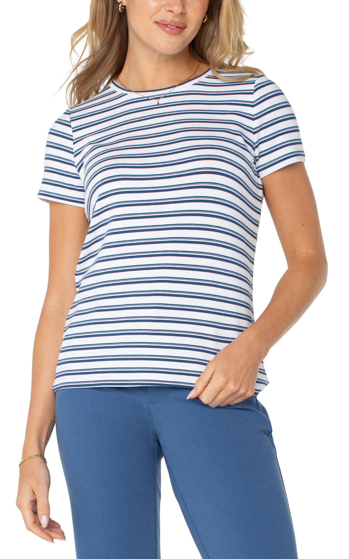 Liverpool Short Sleeve Crew Neck Knit Tee (White/Indigo Dusk Variegated Stripe)