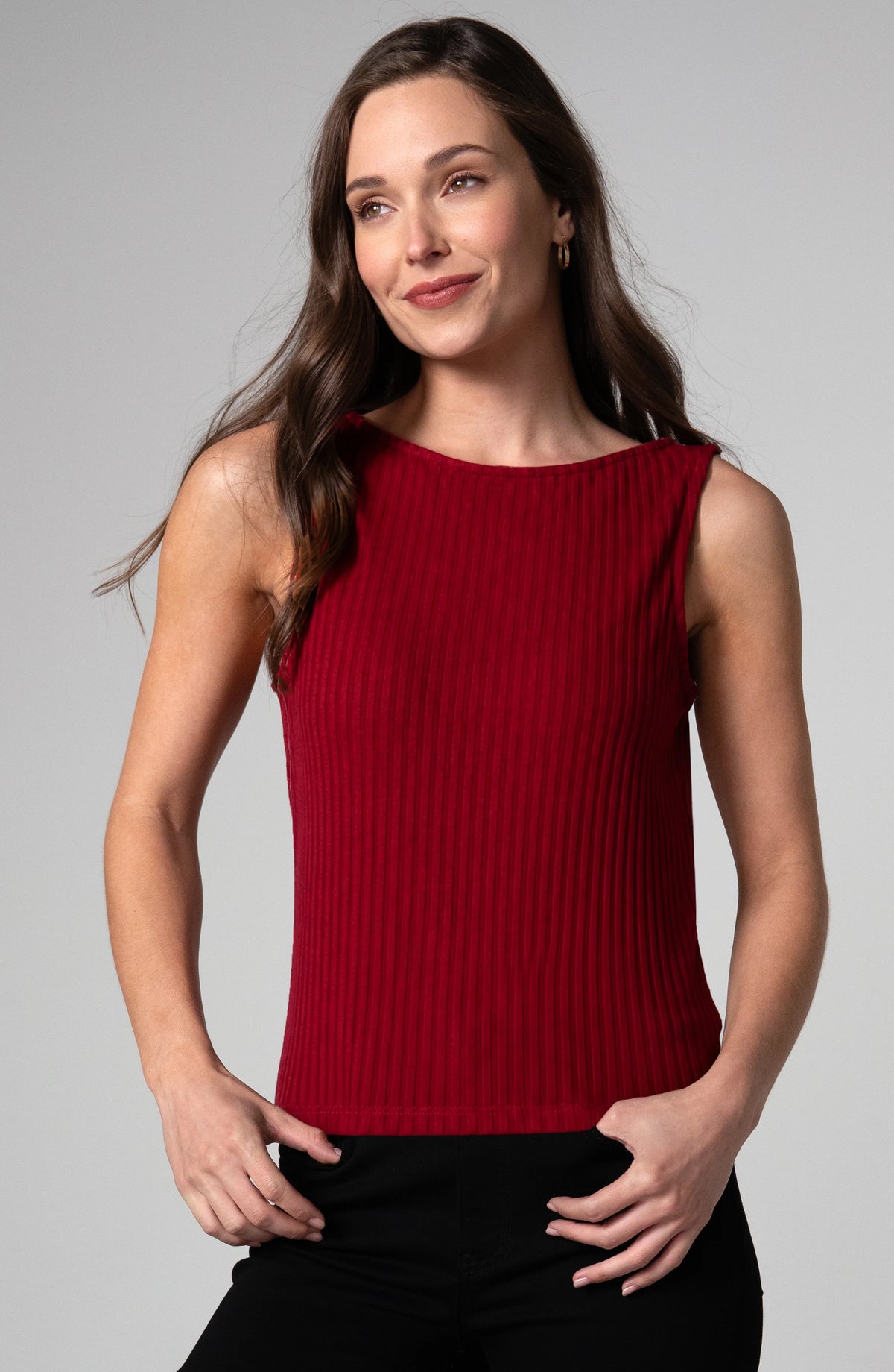 Liverpool Sleeveless High Boatneck Knit Top (Deep Cranberry)