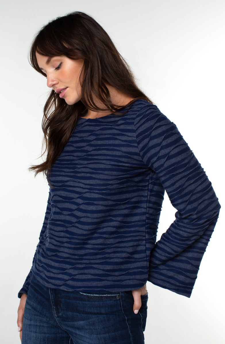 Liverpool's Long Flared Sleeve Boat Neck Knit Top (Navy Spacedye Stripe)