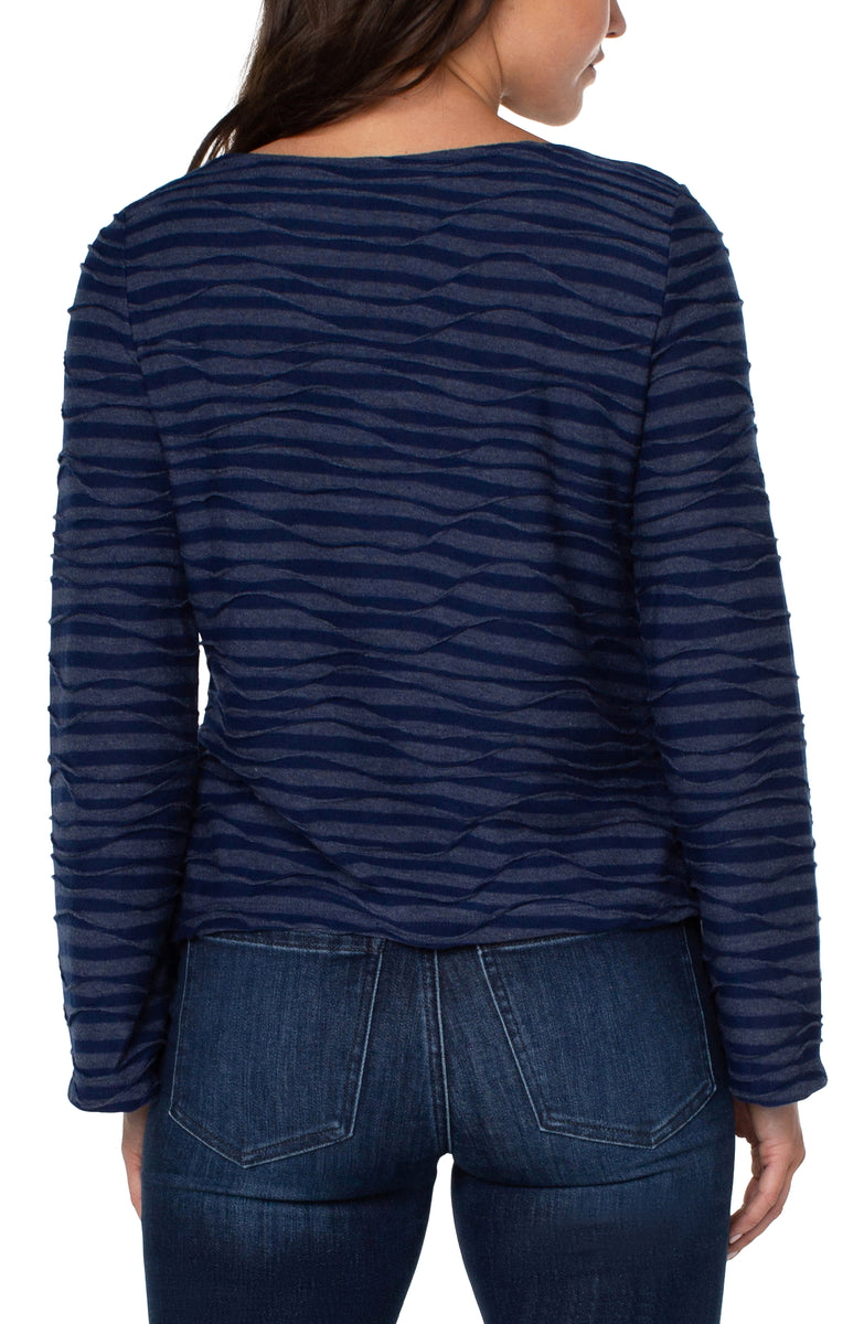 Liverpool's Long Flared Sleeve Boat Neck Knit Top (Navy Spacedye Stripe)