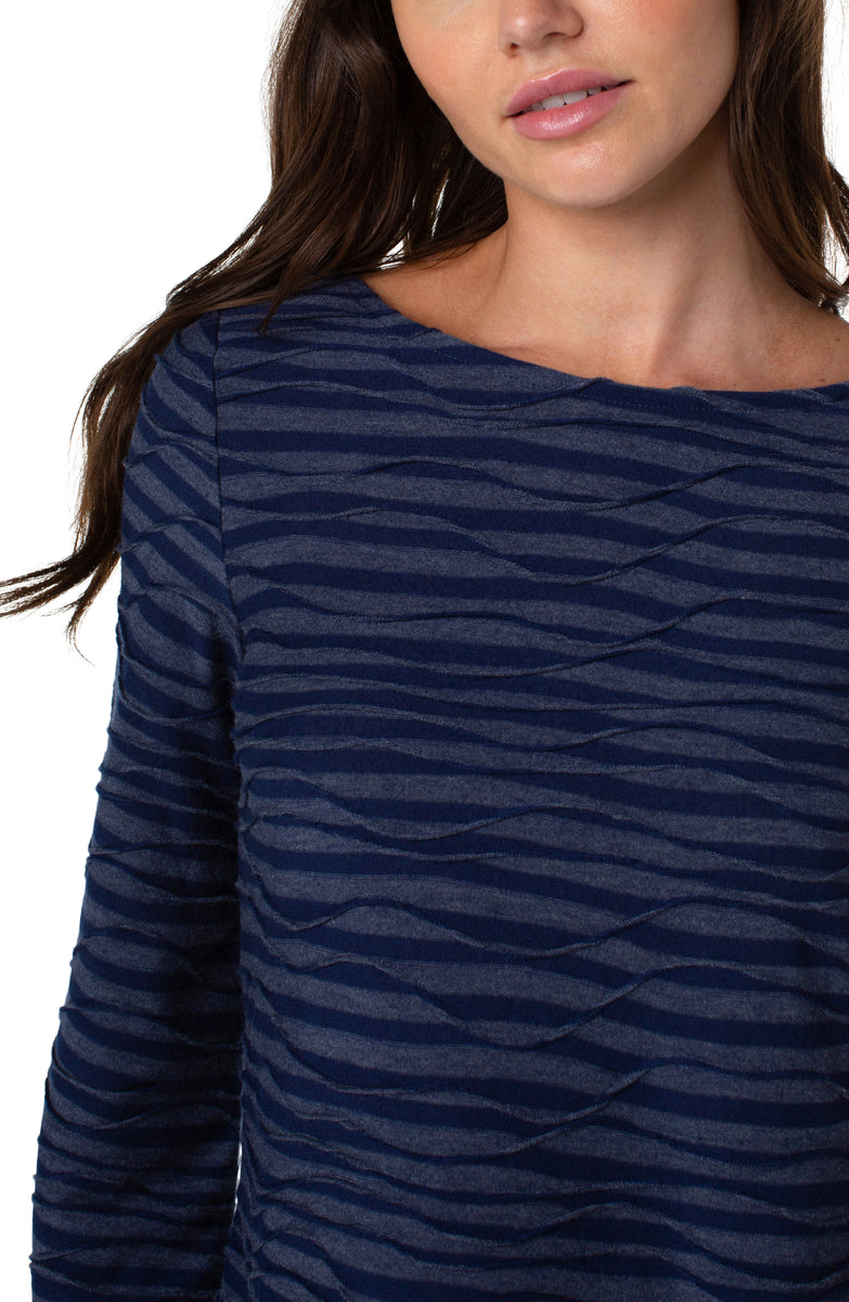 Liverpool's Long Flared Sleeve Boat Neck Knit Top (Navy Spacedye Stripe)