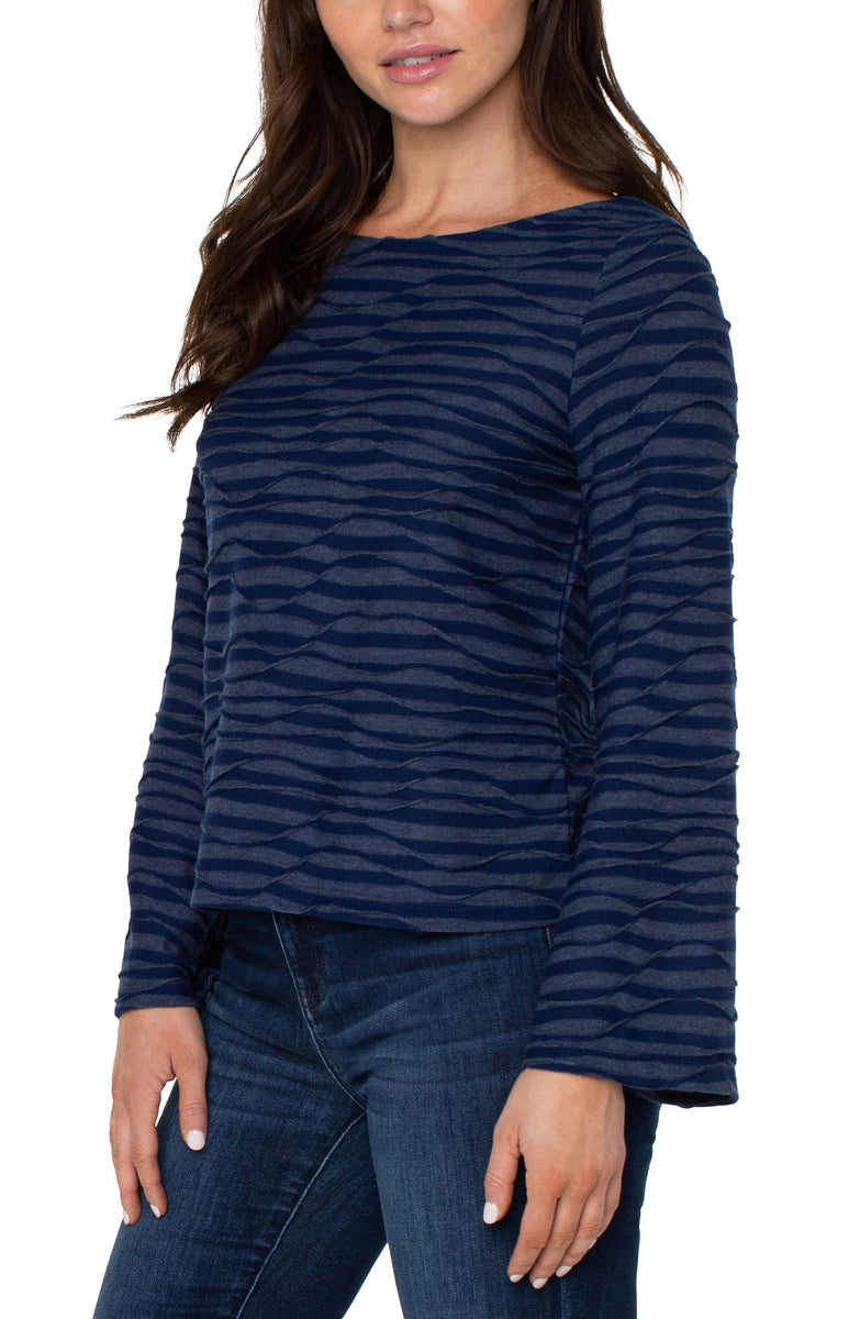 Liverpool's Long Flared Sleeve Boat Neck Knit Top (Navy Spacedye Stripe)