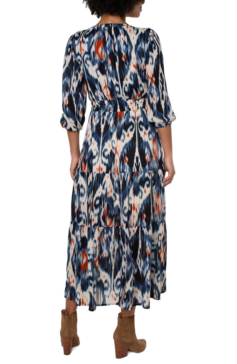 Liverpool's 3/4 Sleeve Woven Tiered Maxi Dress (Allover Ikat)