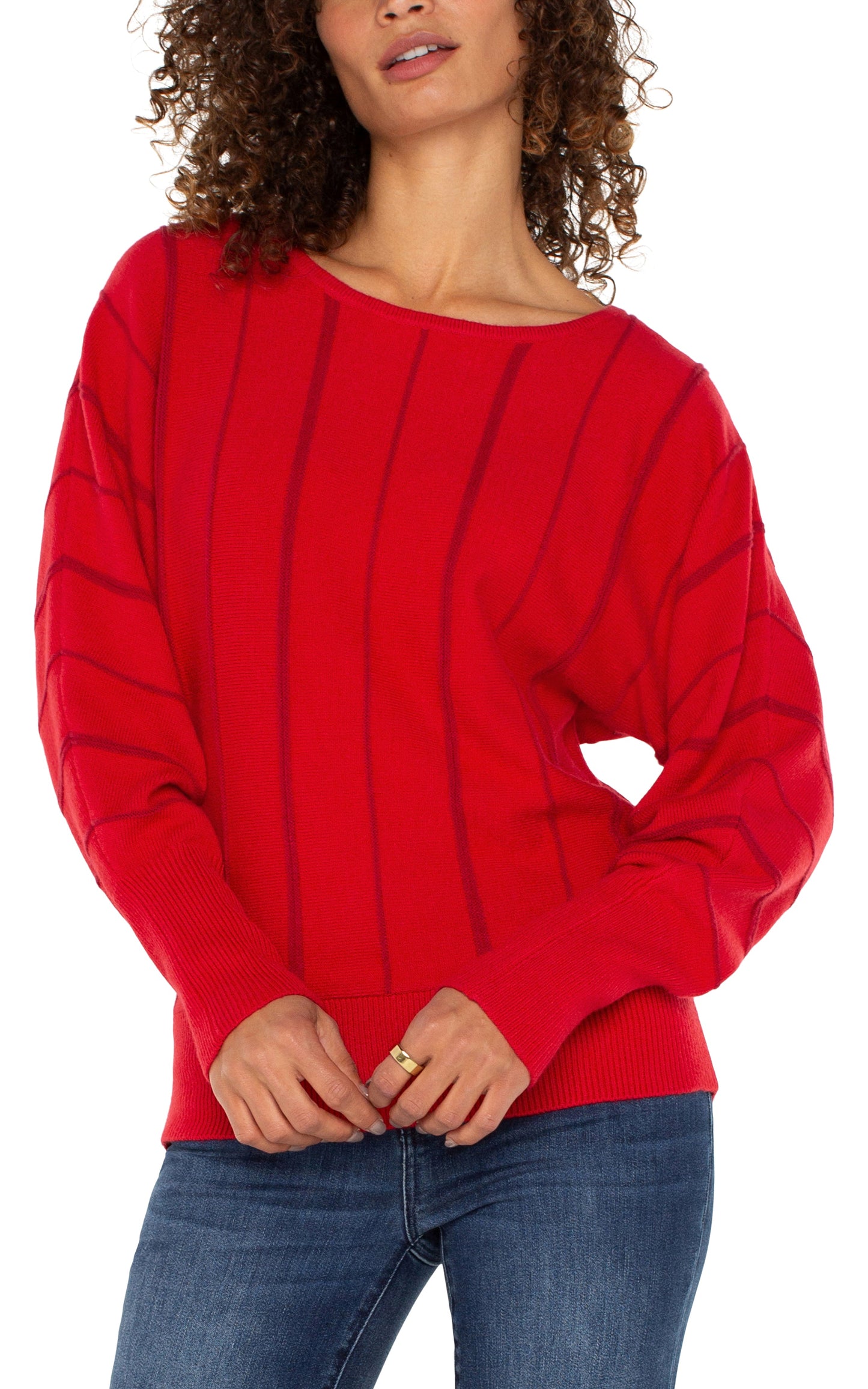 Liverpool Long Sleeve Dolman Sweater with Stripe (Tango Red)