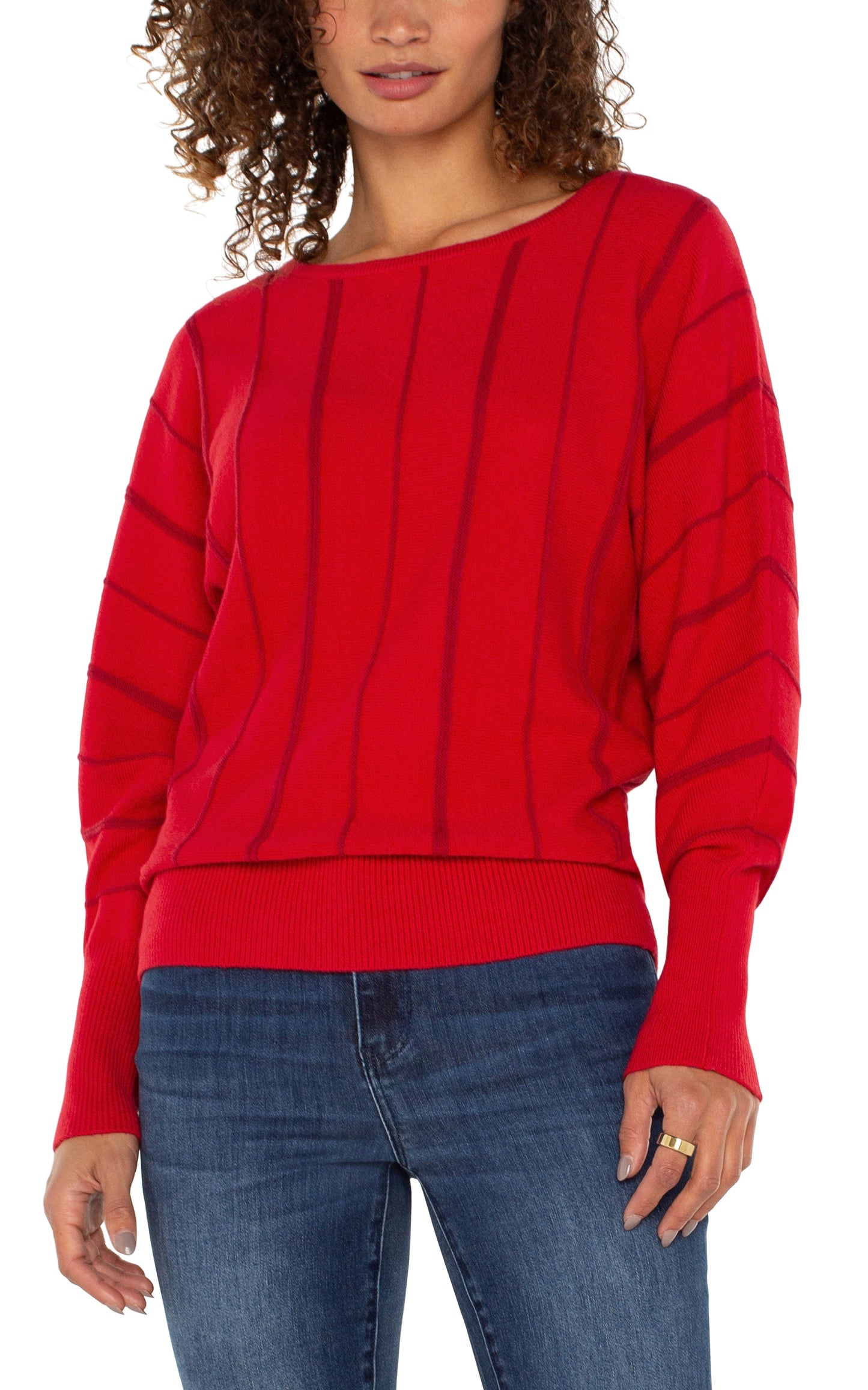 Liverpool Long Sleeve Dolman Sweater with Stripe (Tango Red)