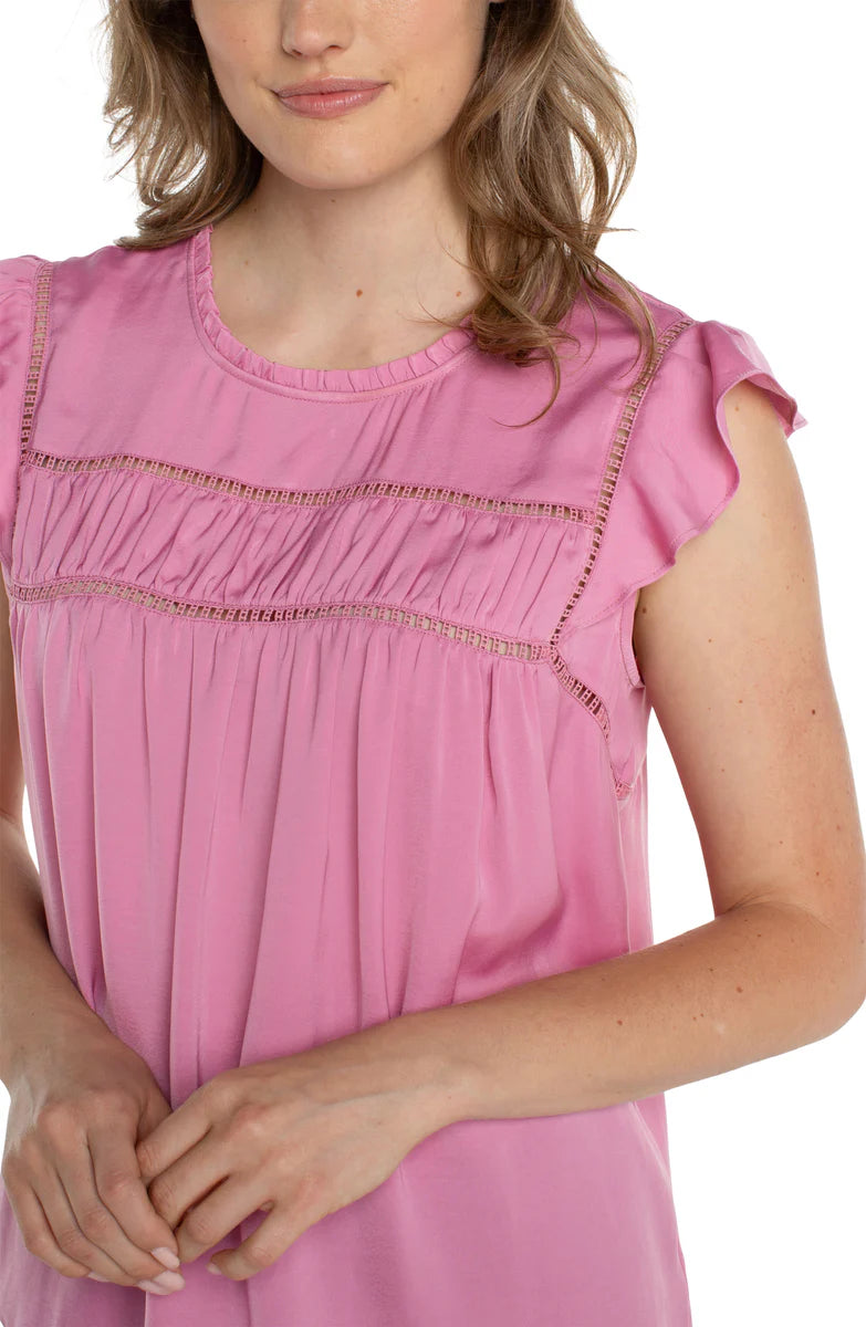 Liverpool Flutter Sleeve Woven Top with Trim Detail (Rose Pink)