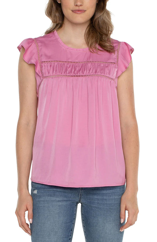 Liverpool Flutter Sleeve Woven Top with Trim Detail (Rose Pink)