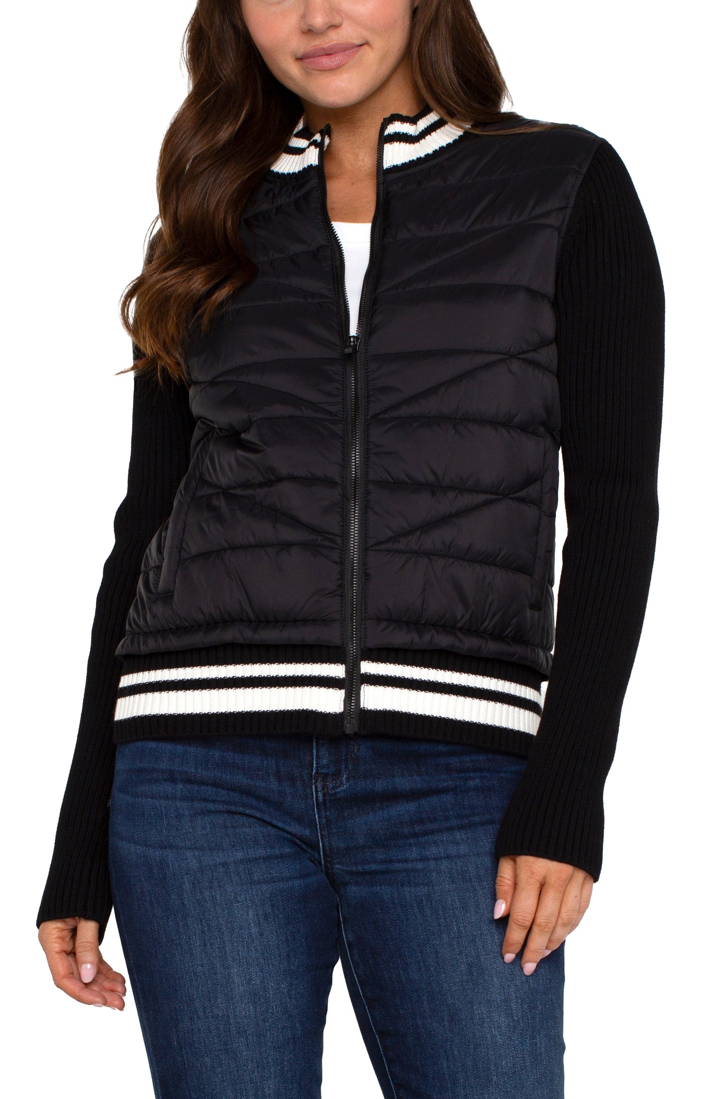 Liverpool Quilted Front Full Zip Sweater (Black & White)