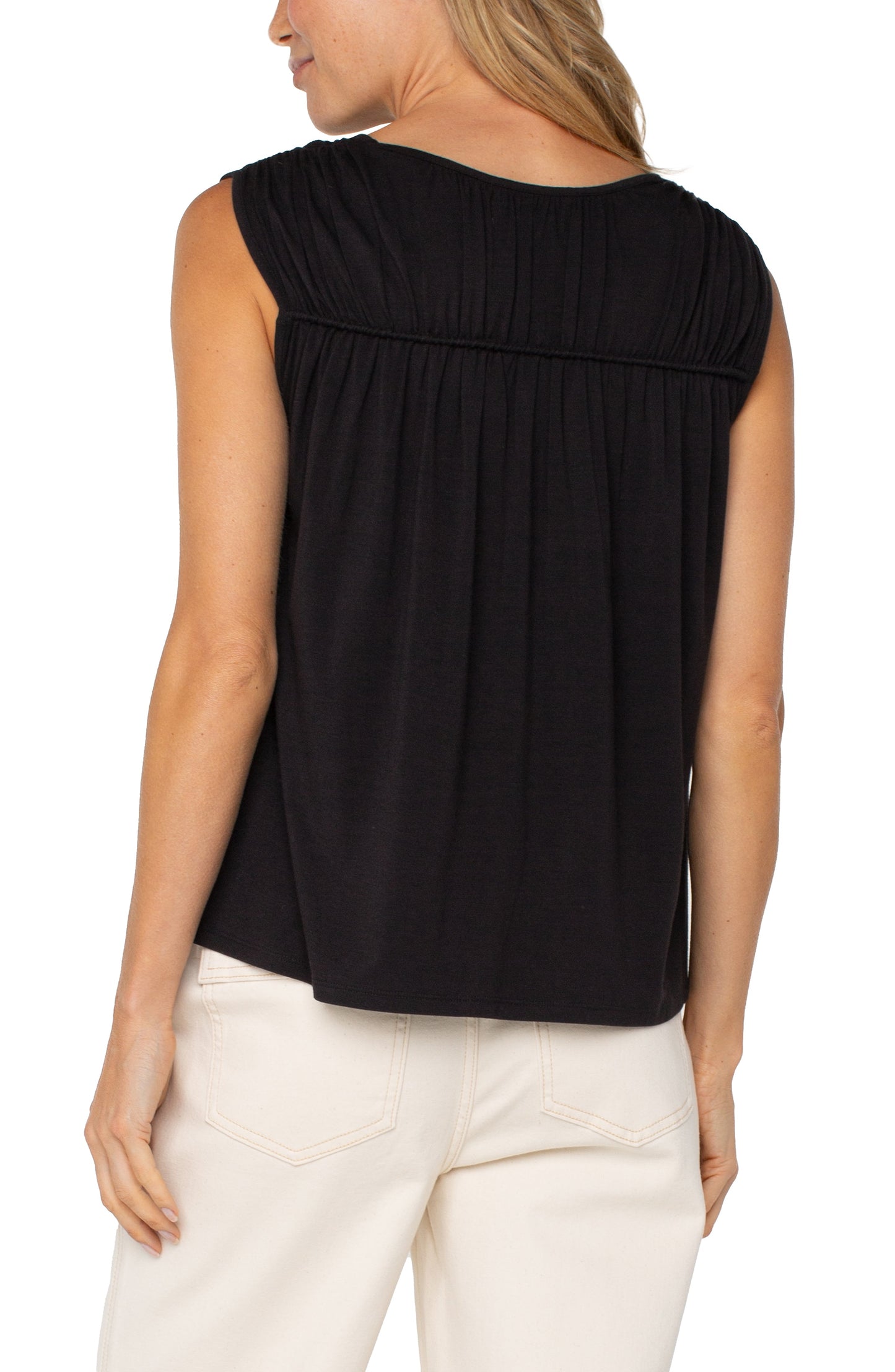 Liverpool Sleeveless Shirred Detail Knit Top (Black)