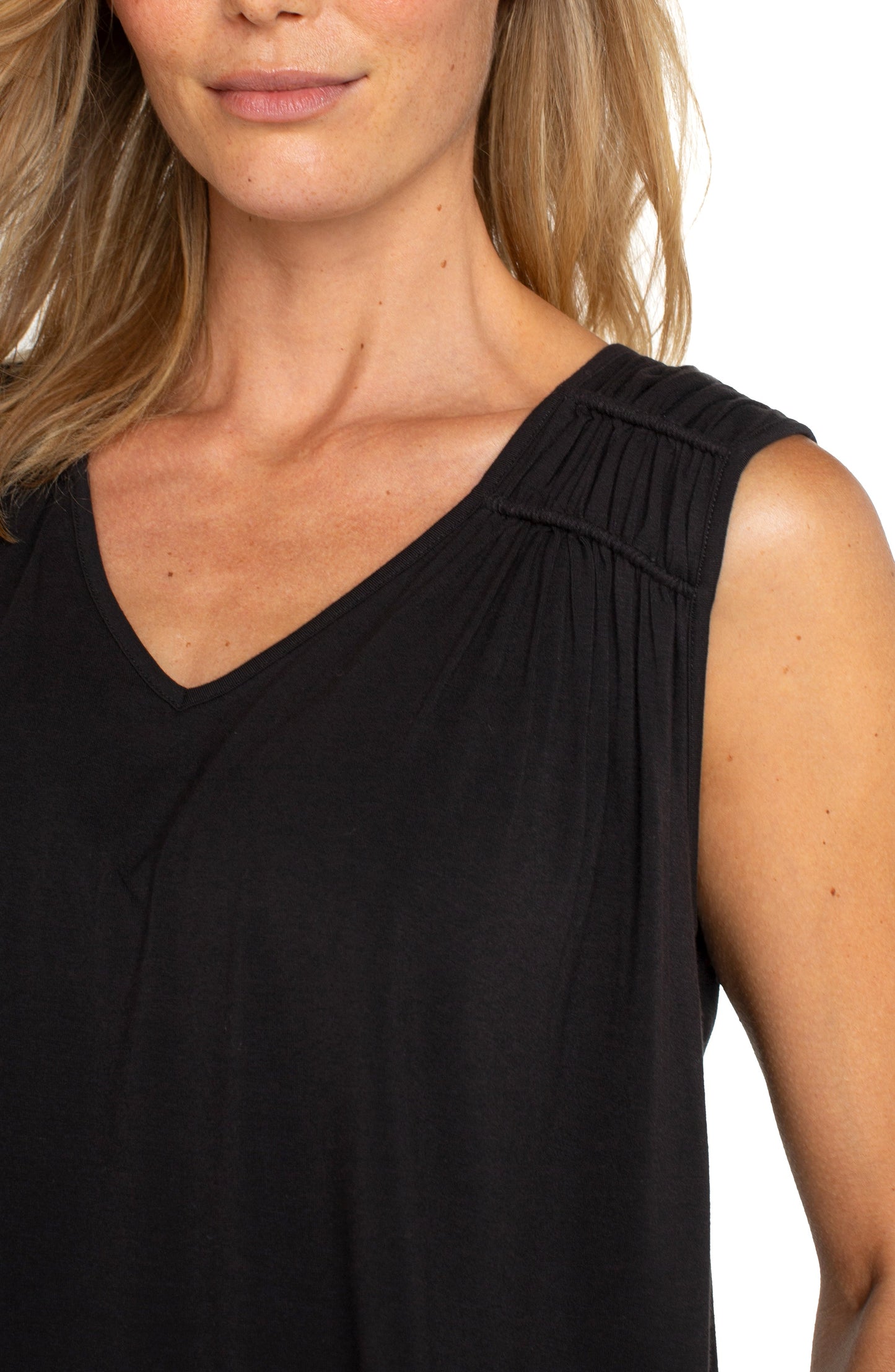 Liverpool Sleeveless Shirred Detail Knit Top (Black)