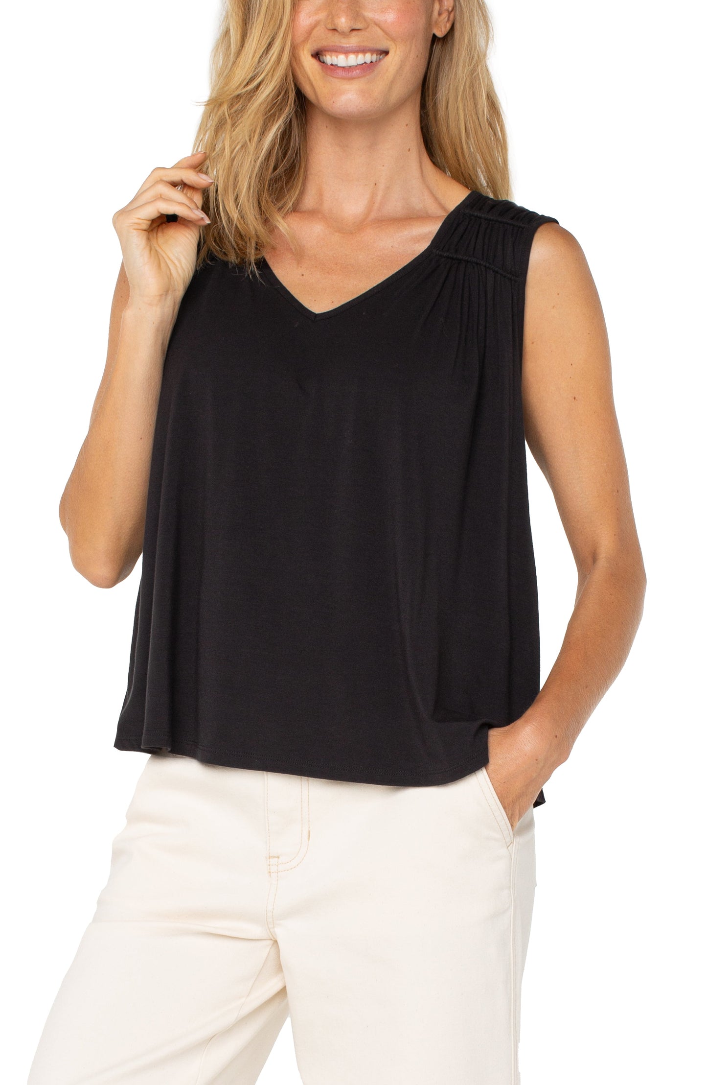 Liverpool Sleeveless Shirred Detail Knit Top (Black)