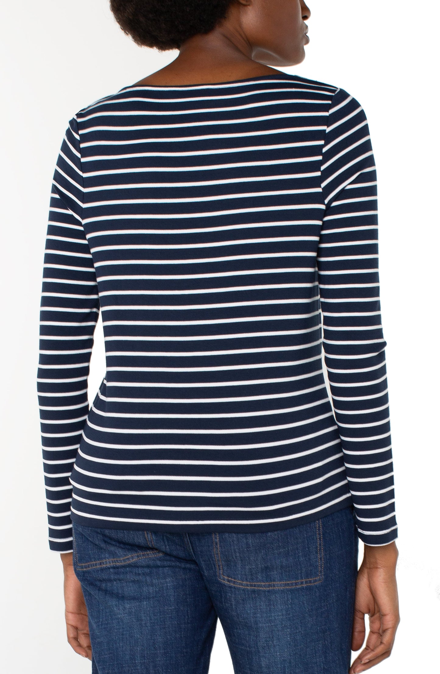 Liverpool Long Sleeve Boat Neck Knit Top (Dark Navy White Stripe)