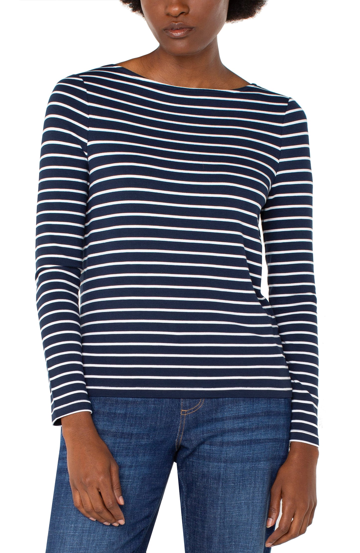 Liverpool Long Sleeve Boat Neck Knit Top (Dark Navy White Stripe)