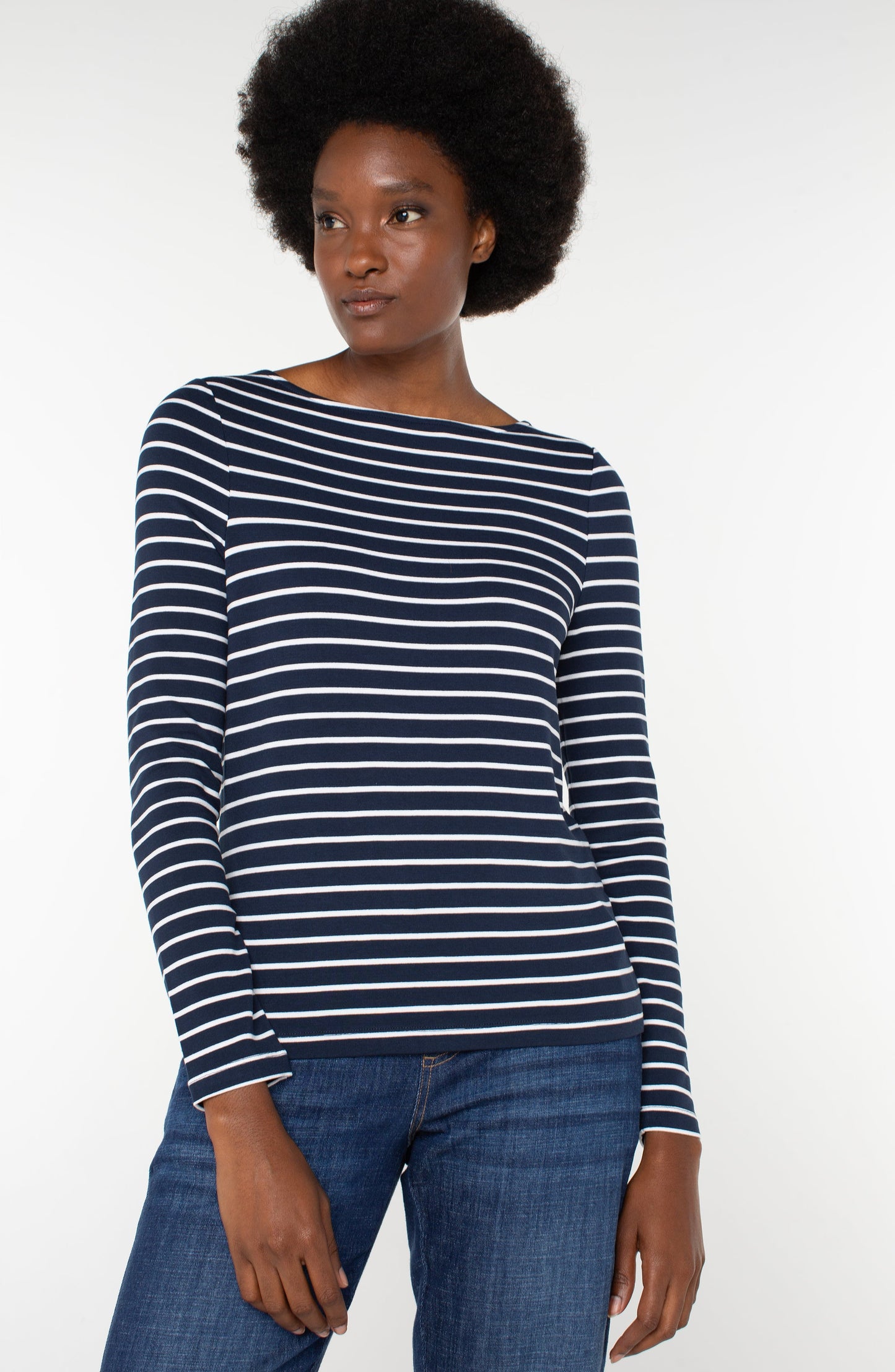 Liverpool Long Sleeve Boat Neck Knit Top (Dark Navy White Stripe)