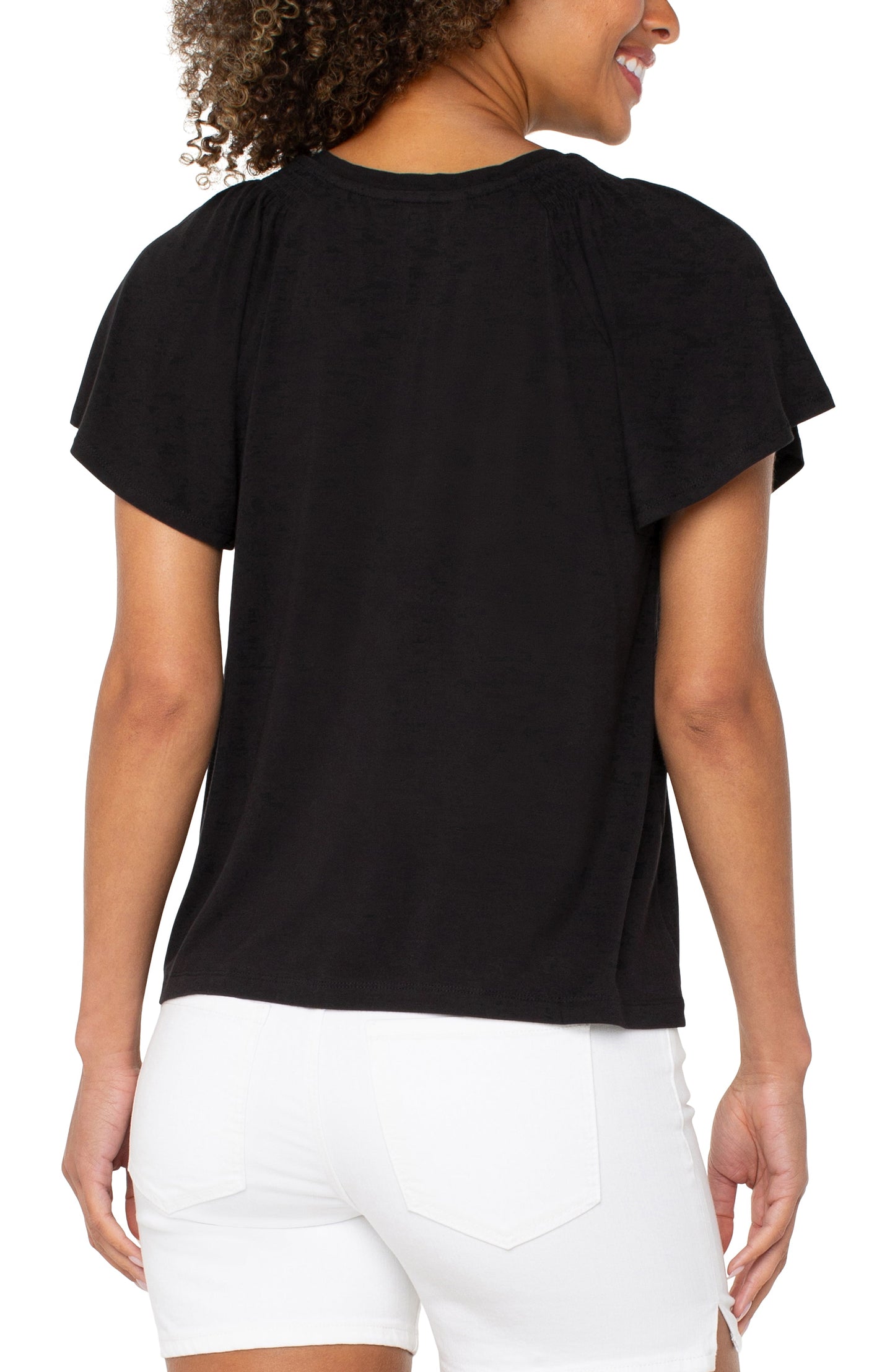 Liverpool Short Flutter Sleeve V Neck Knit Top (Black)