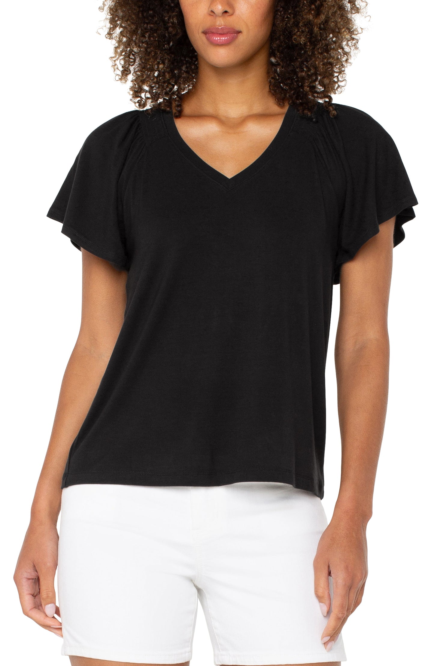 Liverpool Short Flutter Sleeve V Neck Knit Top (Black)