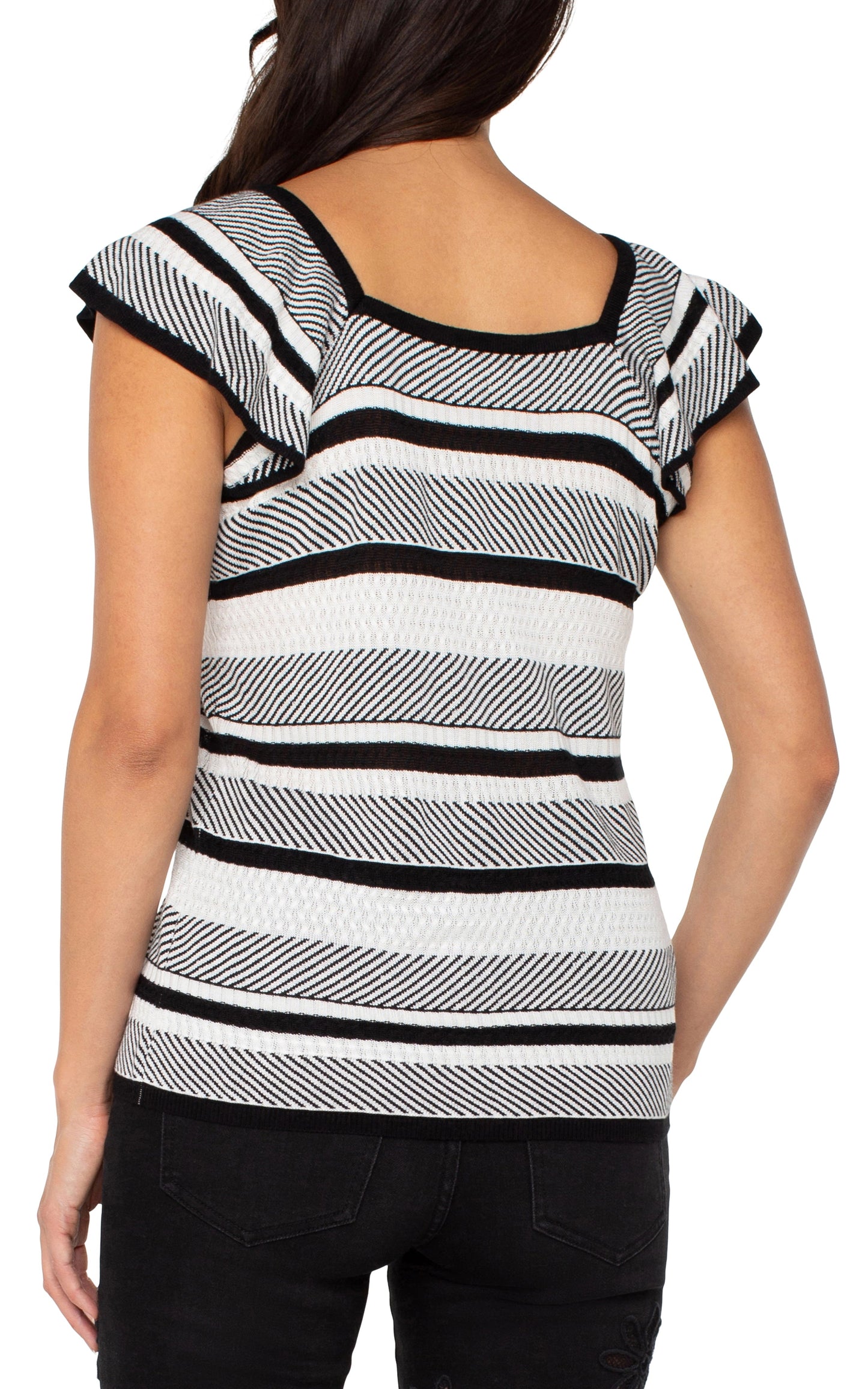 Liverpool Ruffle Sleeve Sweater Top (White Black Stripe)