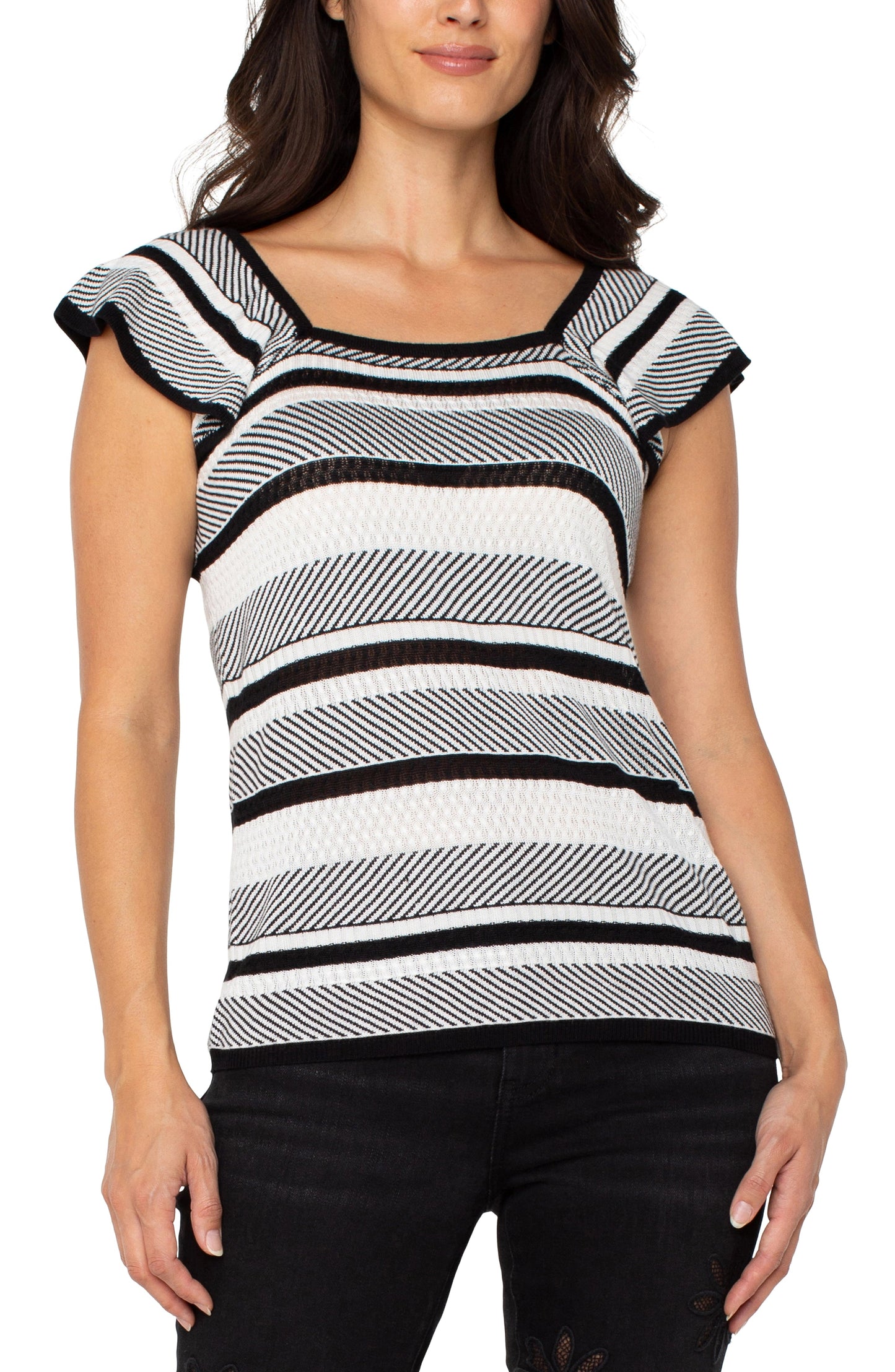 Liverpool Ruffle Sleeve Sweater Top (White Black Stripe)