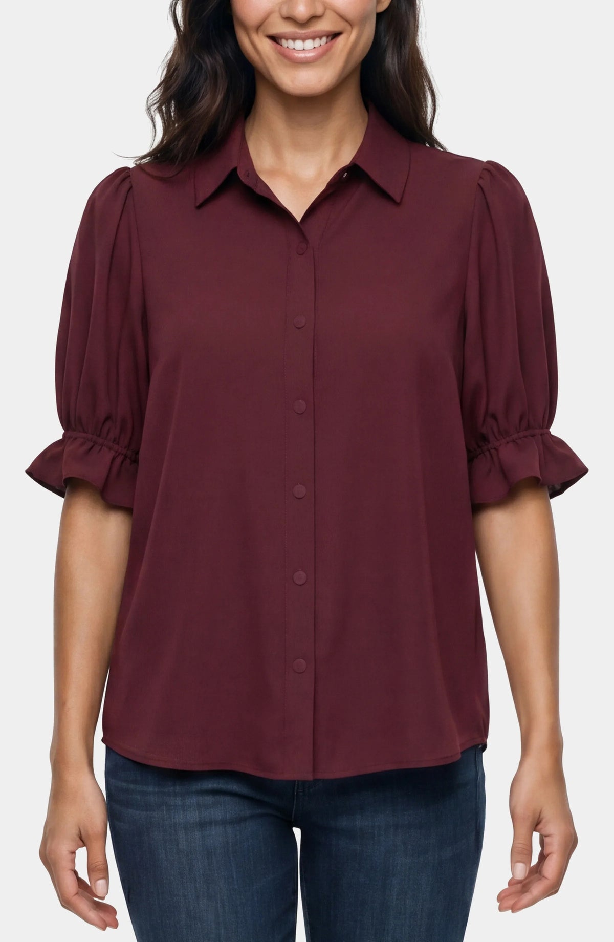 Liverpool Elbow Puff Sleeve Snap Front Knit Shirt (Oxblood)