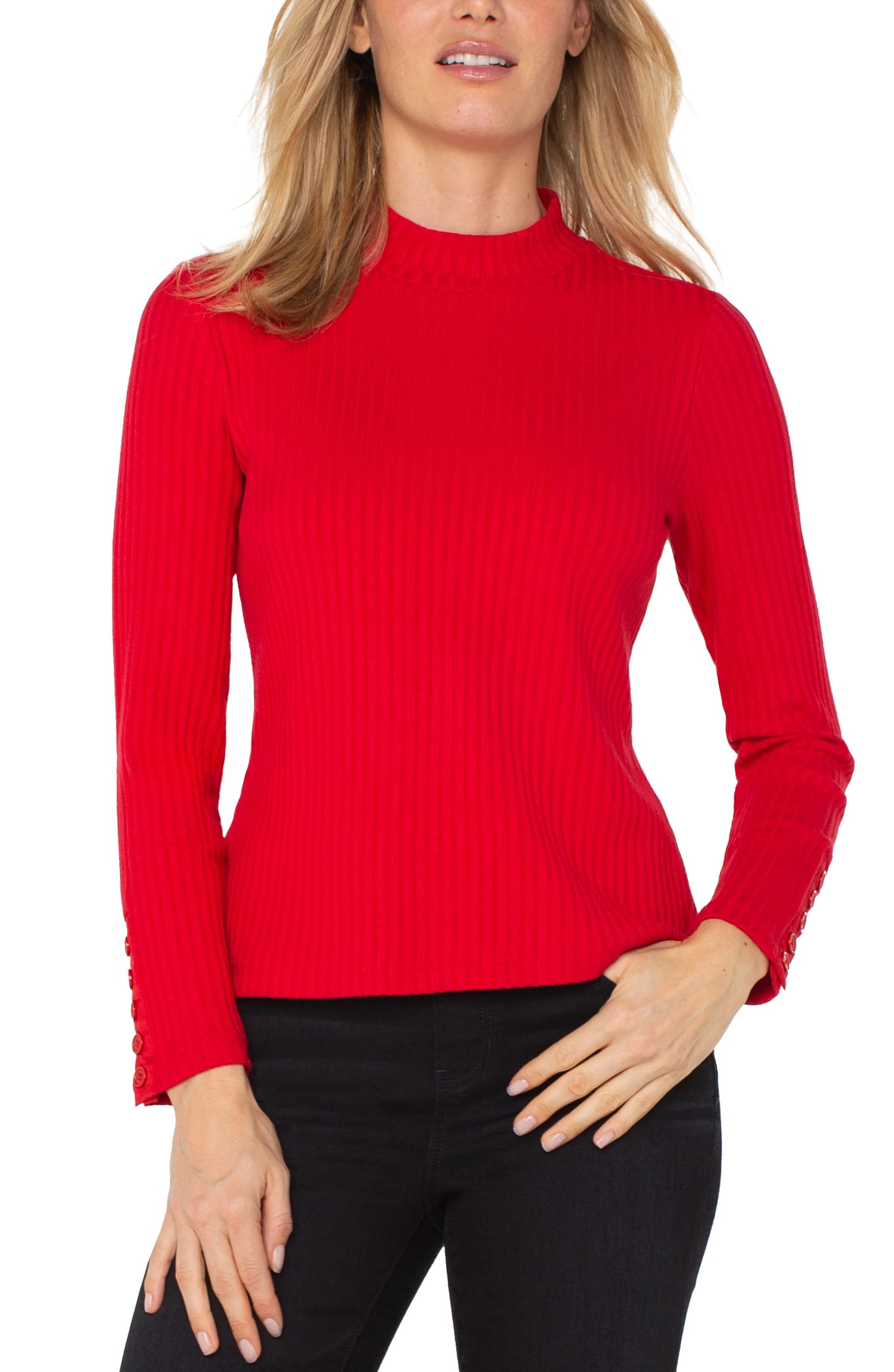 Liverpool Long Sleeve Mock Neck Knit Top with Button Detail (Tango Red)