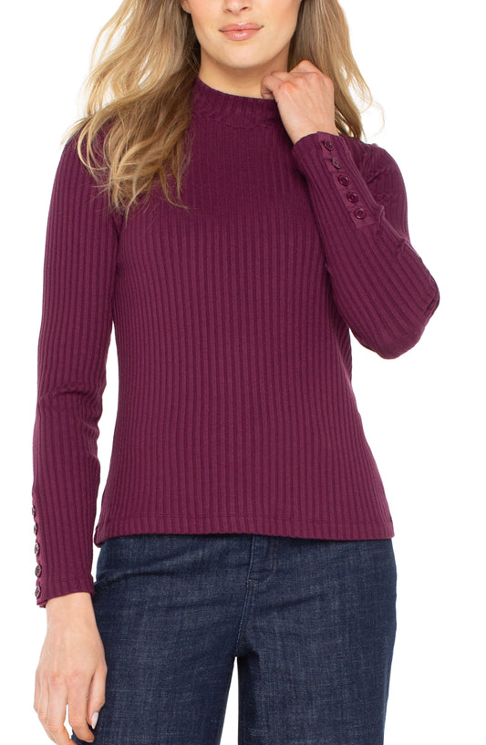 Liverpool Long Sleeve Mock Neck Knit Top W/ Button Detail (Wine Berry)