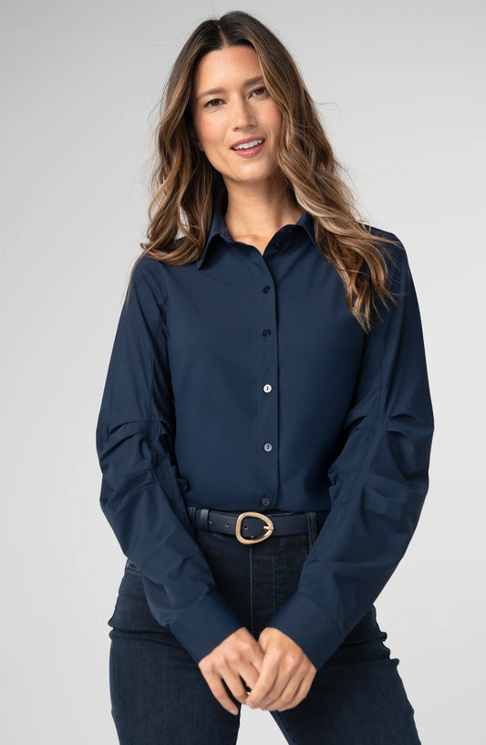 Liverpool Long Pleated Sleeve Button Front Knit Shirt (Navy)