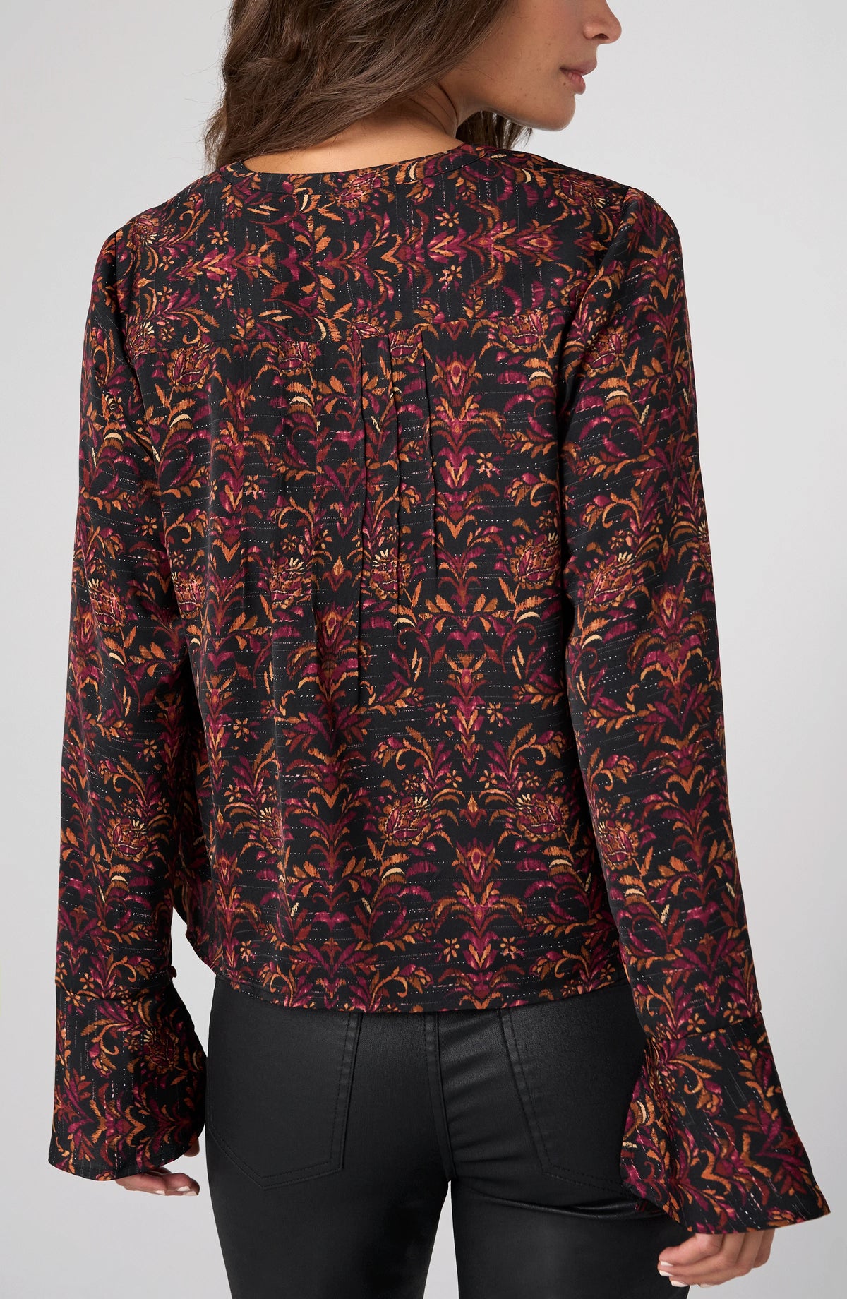 Liverpool Long Sleeve Band Collar Woven Top W/ Pintuck Detail