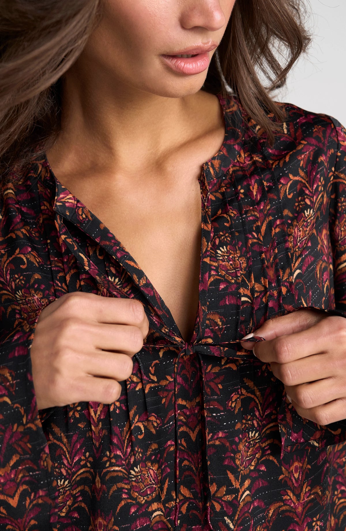 Liverpool Long Sleeve Band Collar Woven Top W/ Pintuck Detail