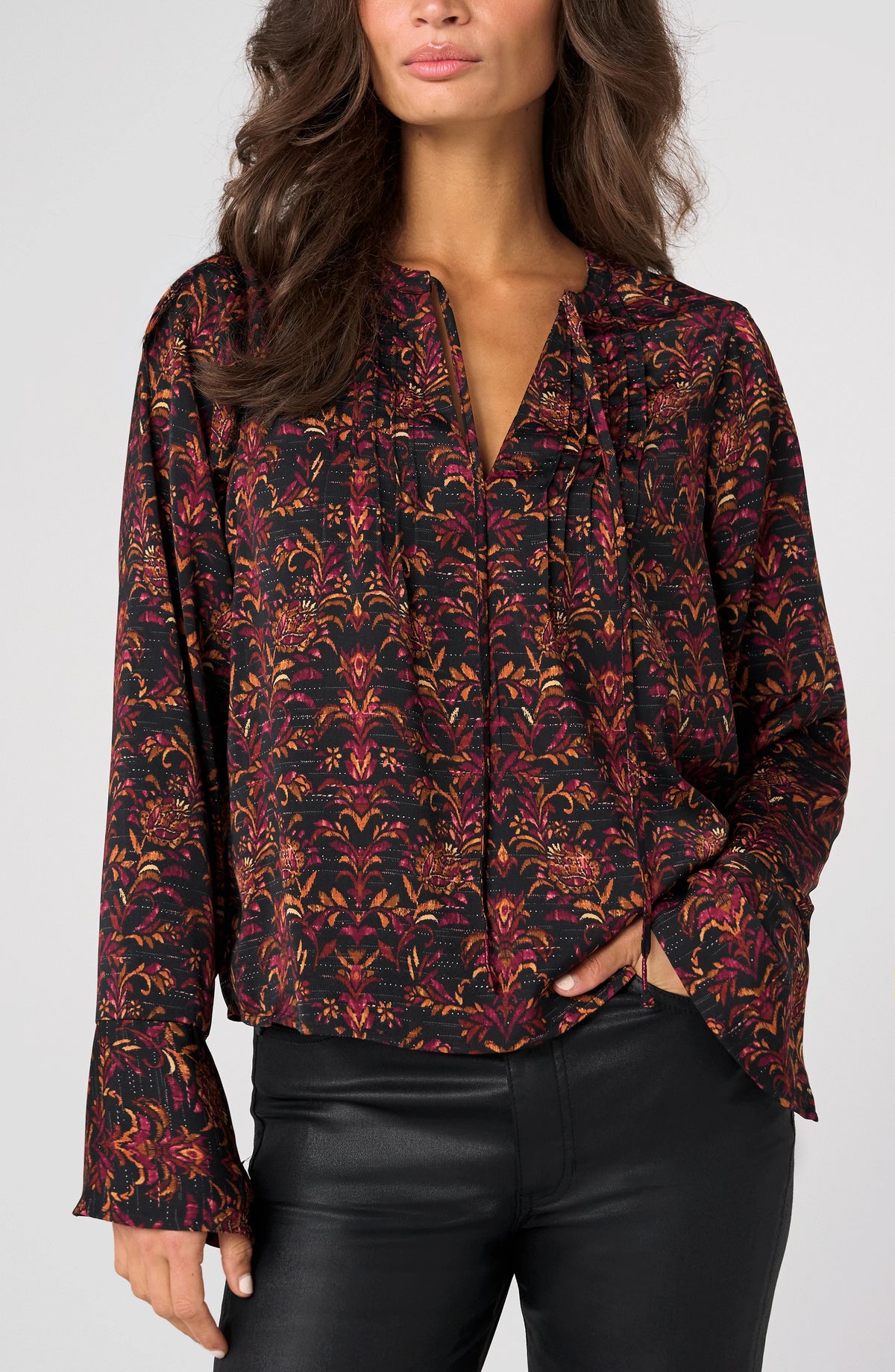Liverpool Long Sleeve Band Collar Woven Top W/ Pintuck Detail