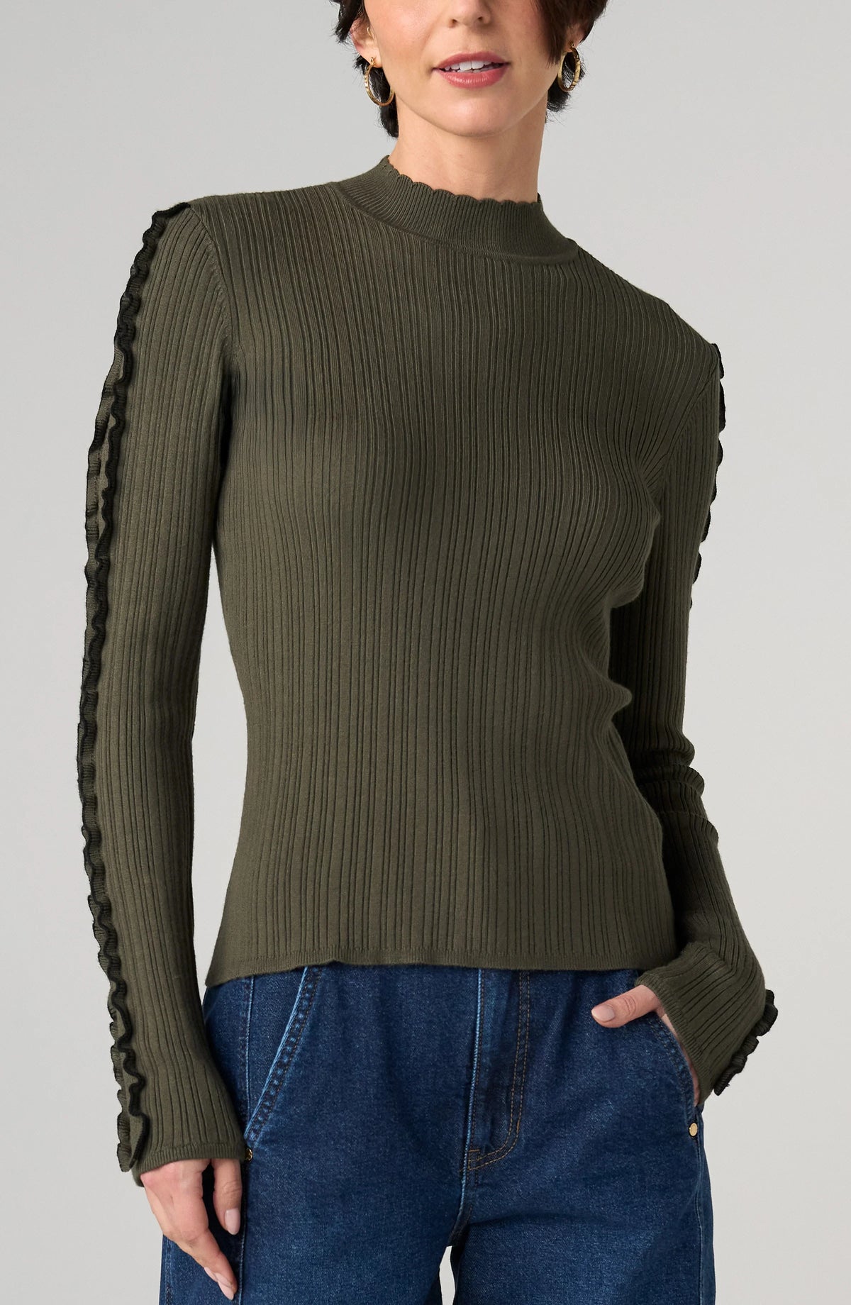 Liverpool Mock Neck Long Sleeve Sweater (Olive W/ Black)