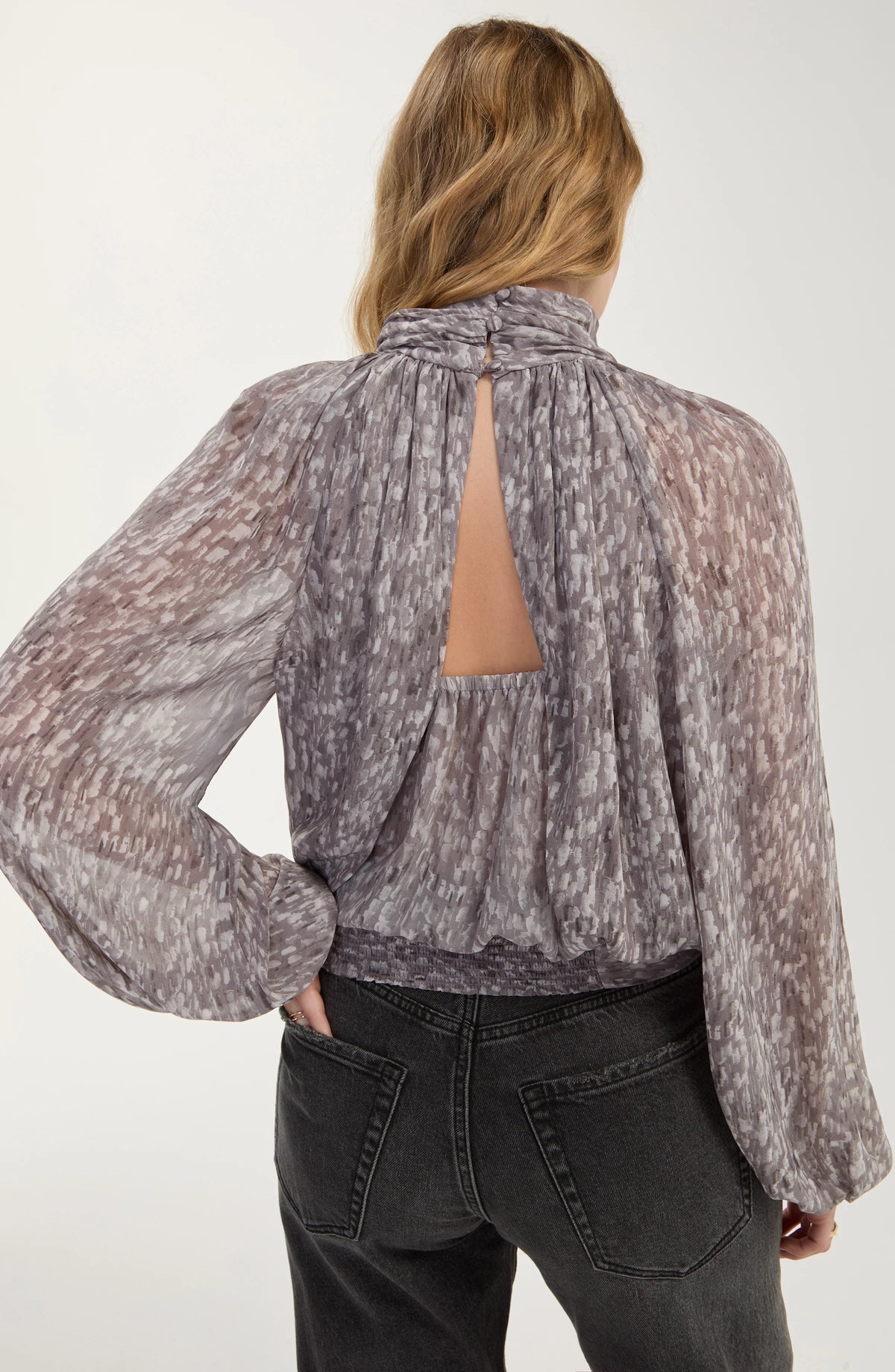 Liverpool Long Sleeve Shirred Mock Neck Woven Top