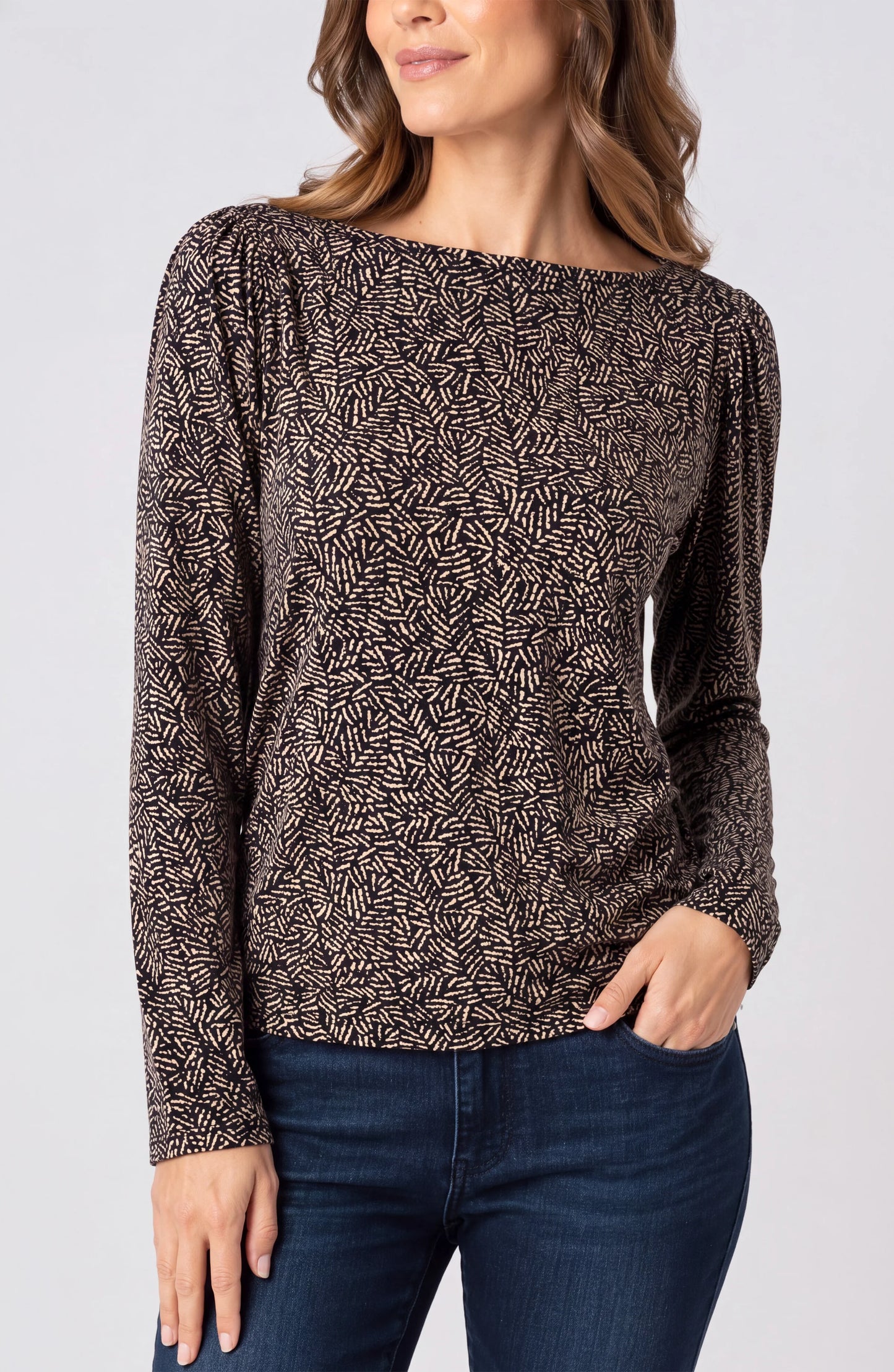 Liverpool Long Sleeve Jewel Neck Knit Top W/ Shirring