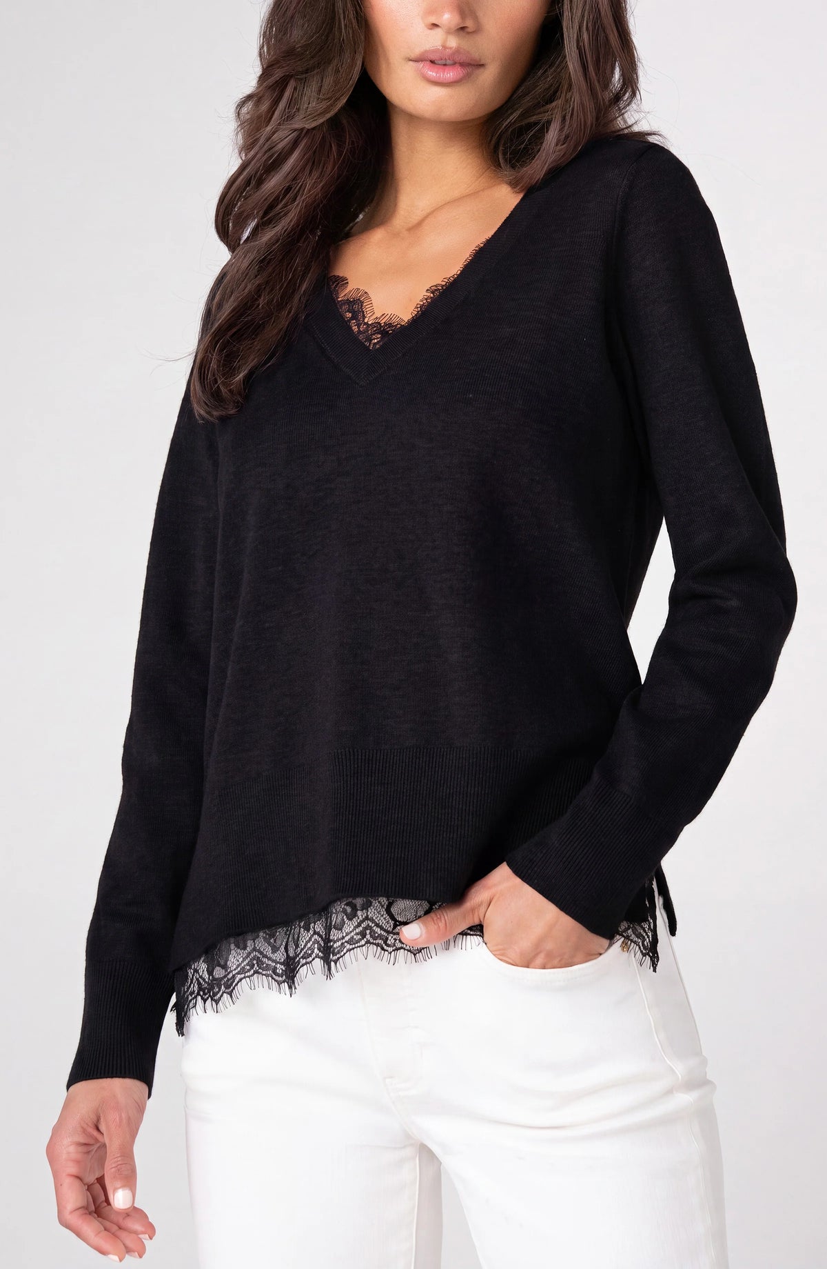 Liverpool V-Neck Long Sleeve Sweater W/ Lace