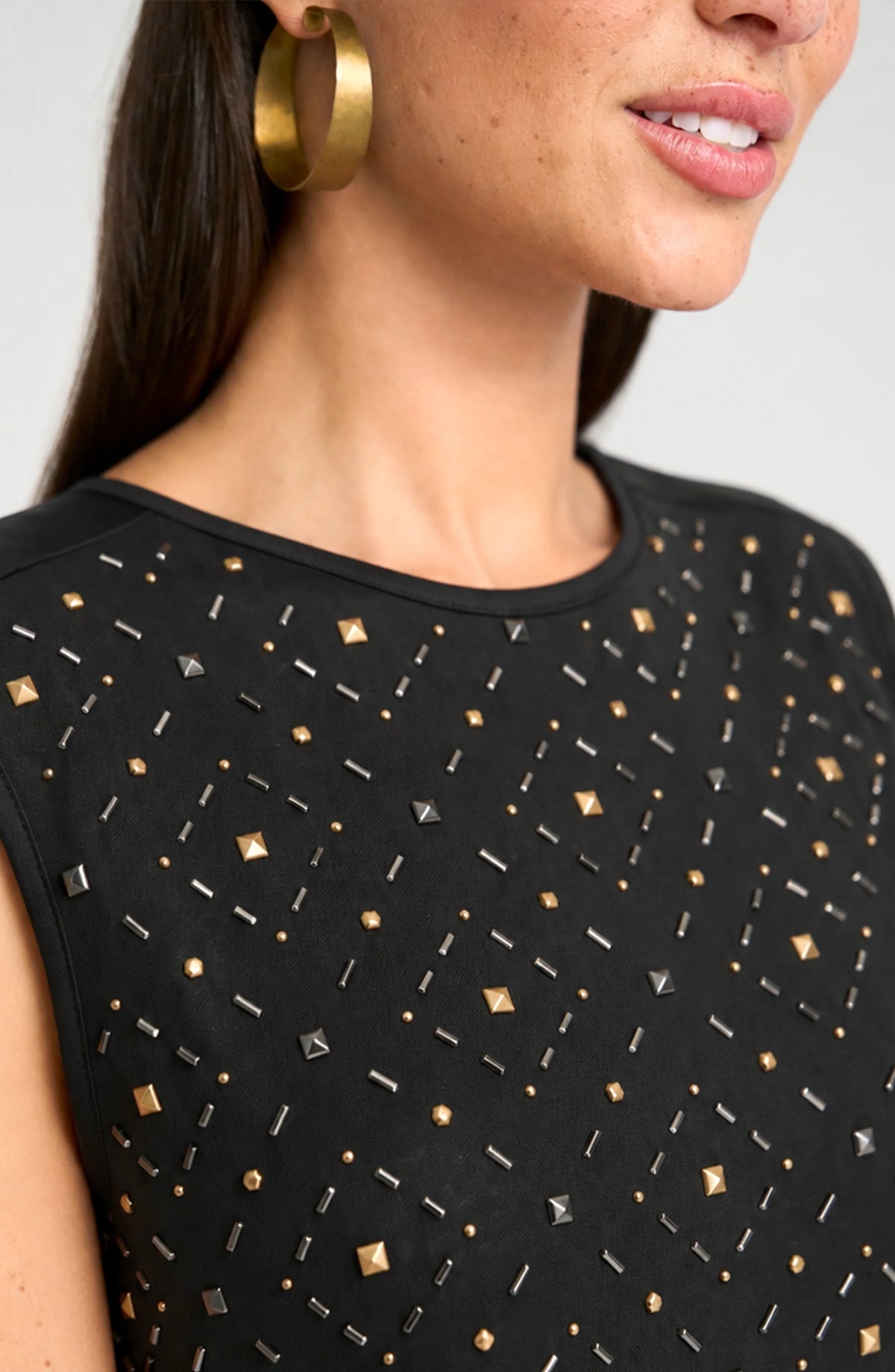 Liverpool Sleeveless Embellished Knit to Woven Tee
