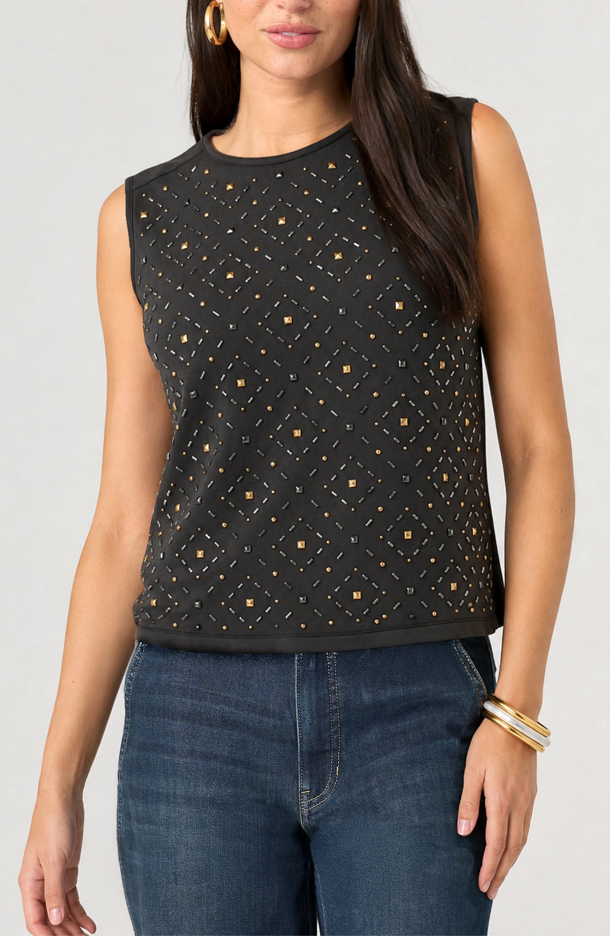 Liverpool Sleeveless Embellished Knit to Woven Tee