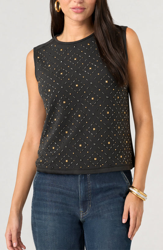 Liverpool Sleeveless Embellished Knit to Woven Tee