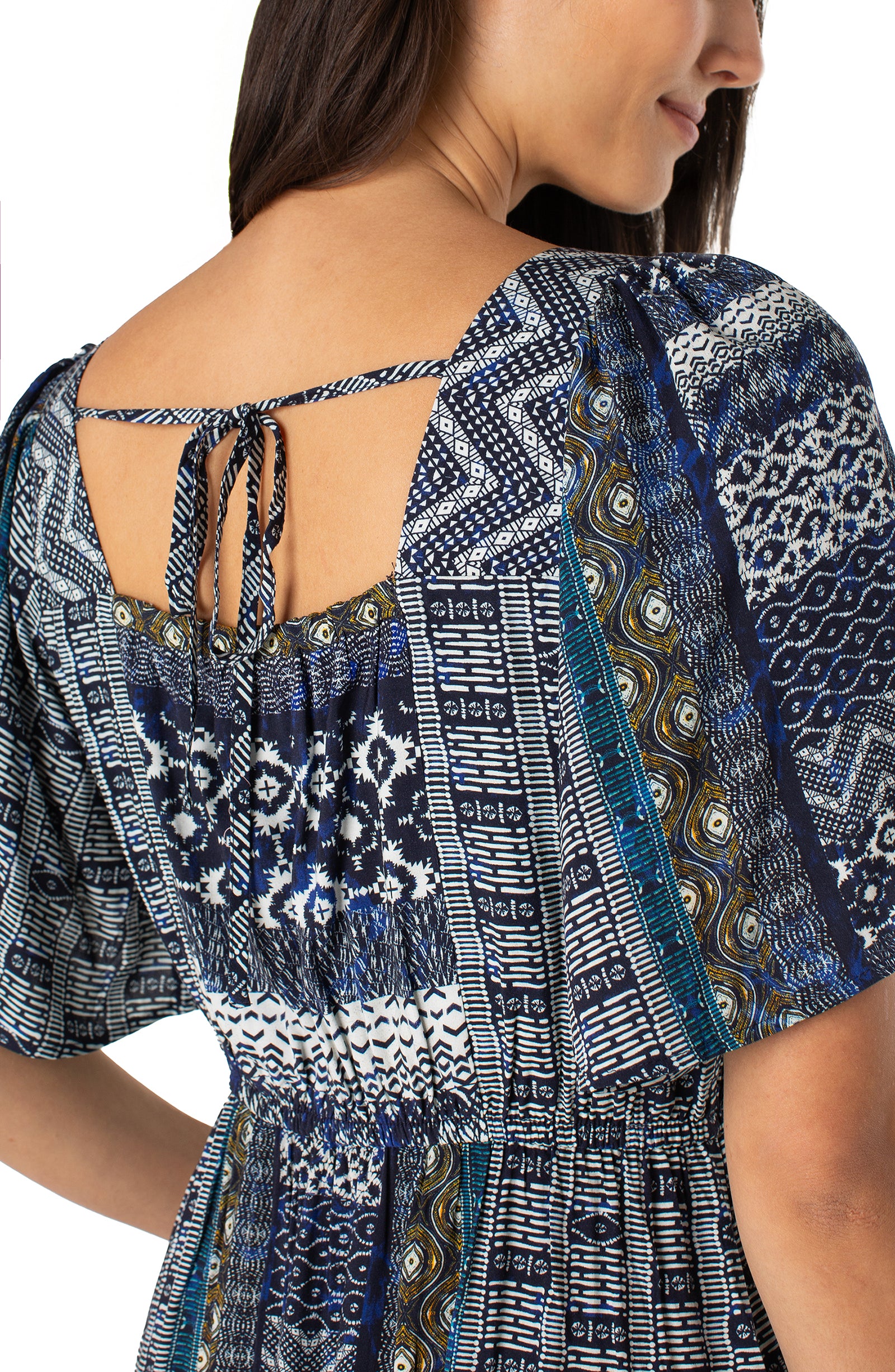 Liverpool Elbow Sleeve Square Neck Woven Maxi Dress (Blue Shibori Mult