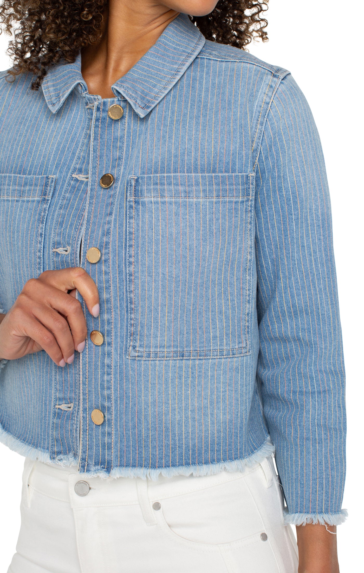 Liverpool Crop Shacket w Fray Hem Front Left Shoulder Close Up