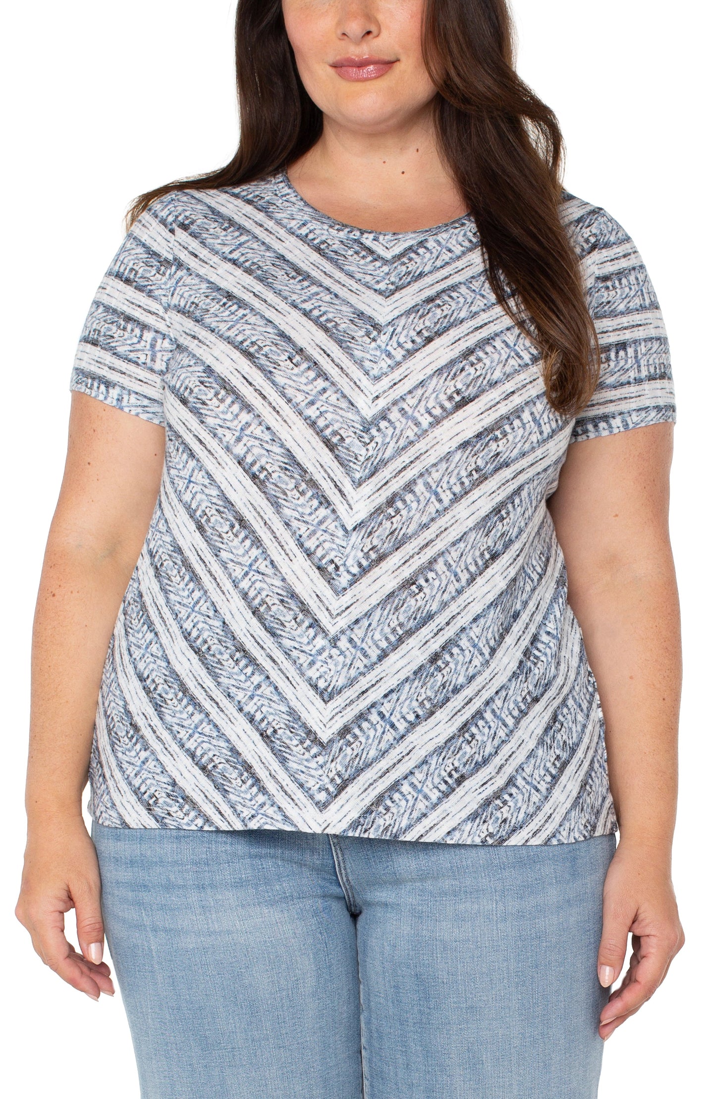 Liverpool Short Sleeve Scoop Neck Knit Top w/ Miter Front Plus Size Front