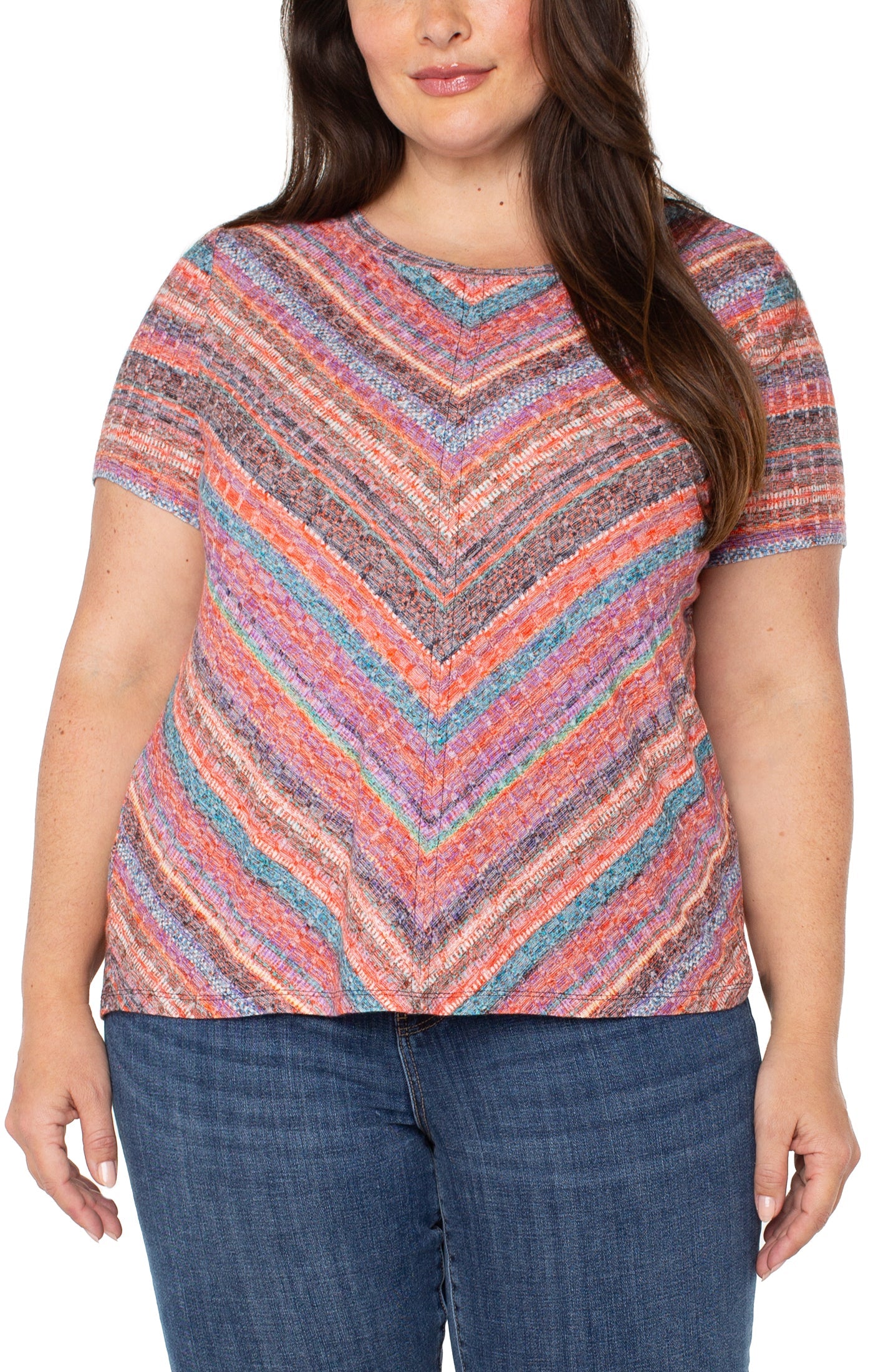 Liverpool Short Sleeve Scoop Neck Knit Top w/ Miter Front in Paradise Multi Stripe Plus Size Front
