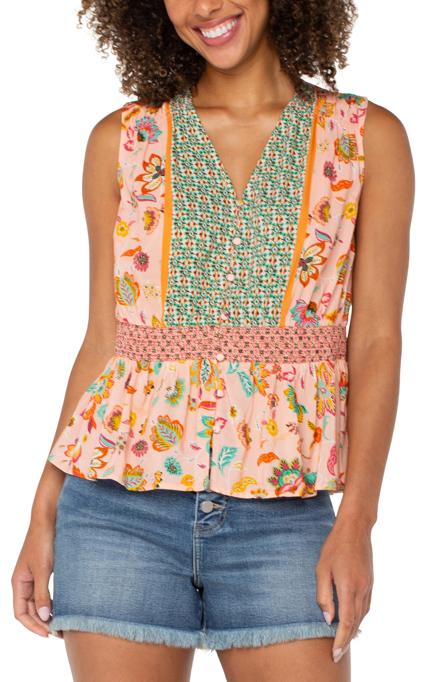 Liverpool Sleeveless Woven Top w Smocked Waist Front