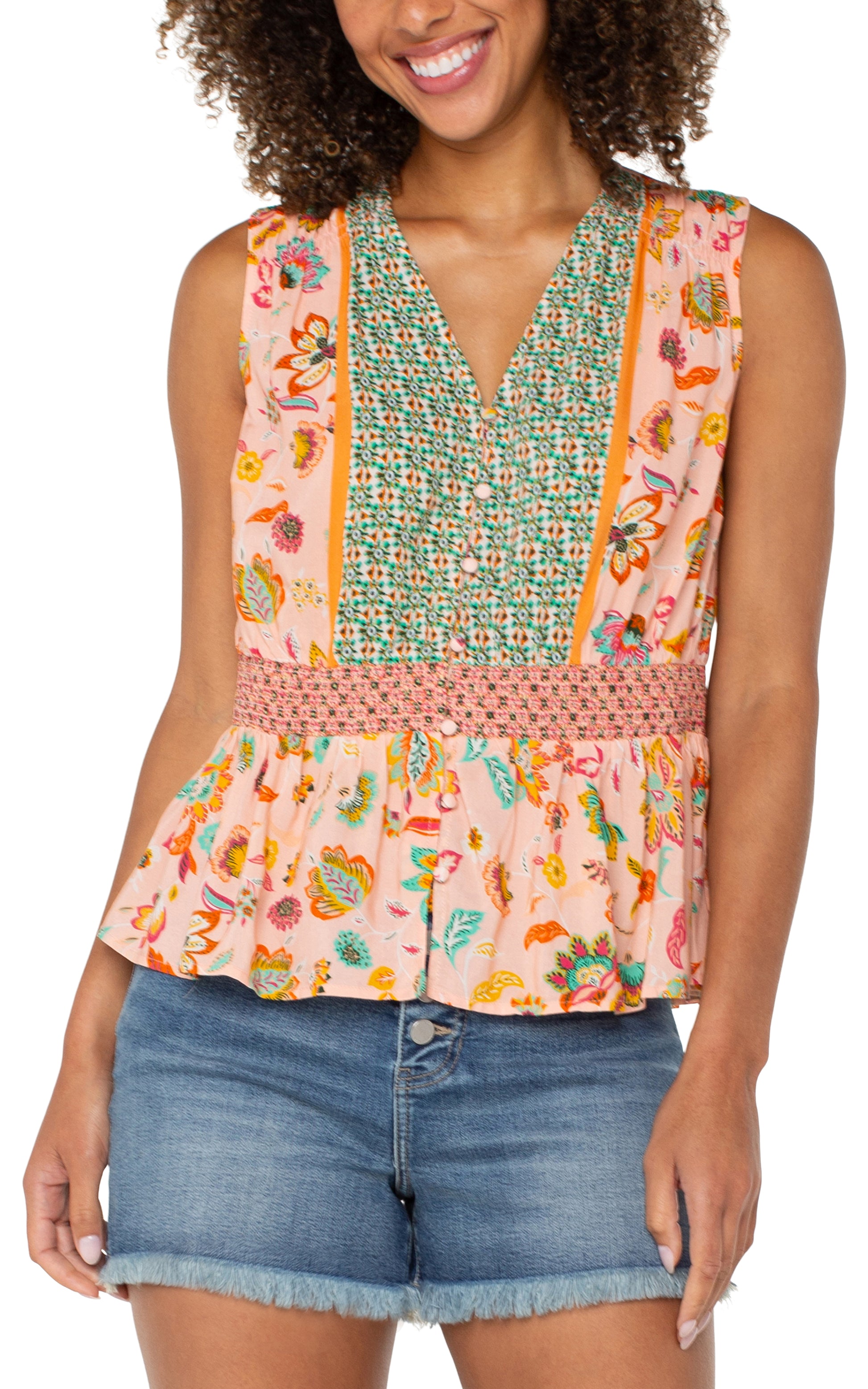 Liverpool Sleeveless Woven Top w Smocked Waist Front