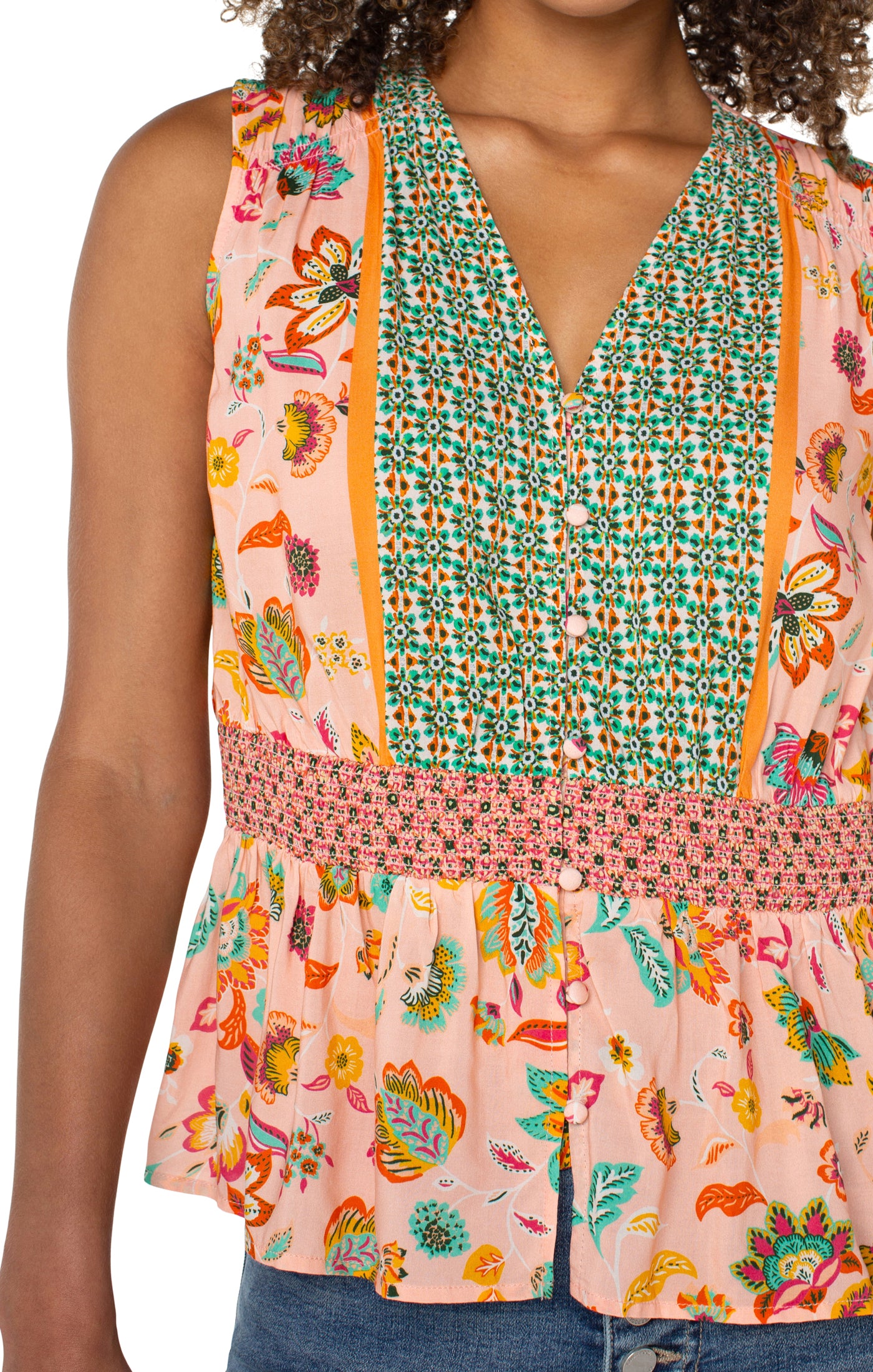 Liverpool Sleeveless Woven Top w Smocked Waist Front Right Shoulder Close Up