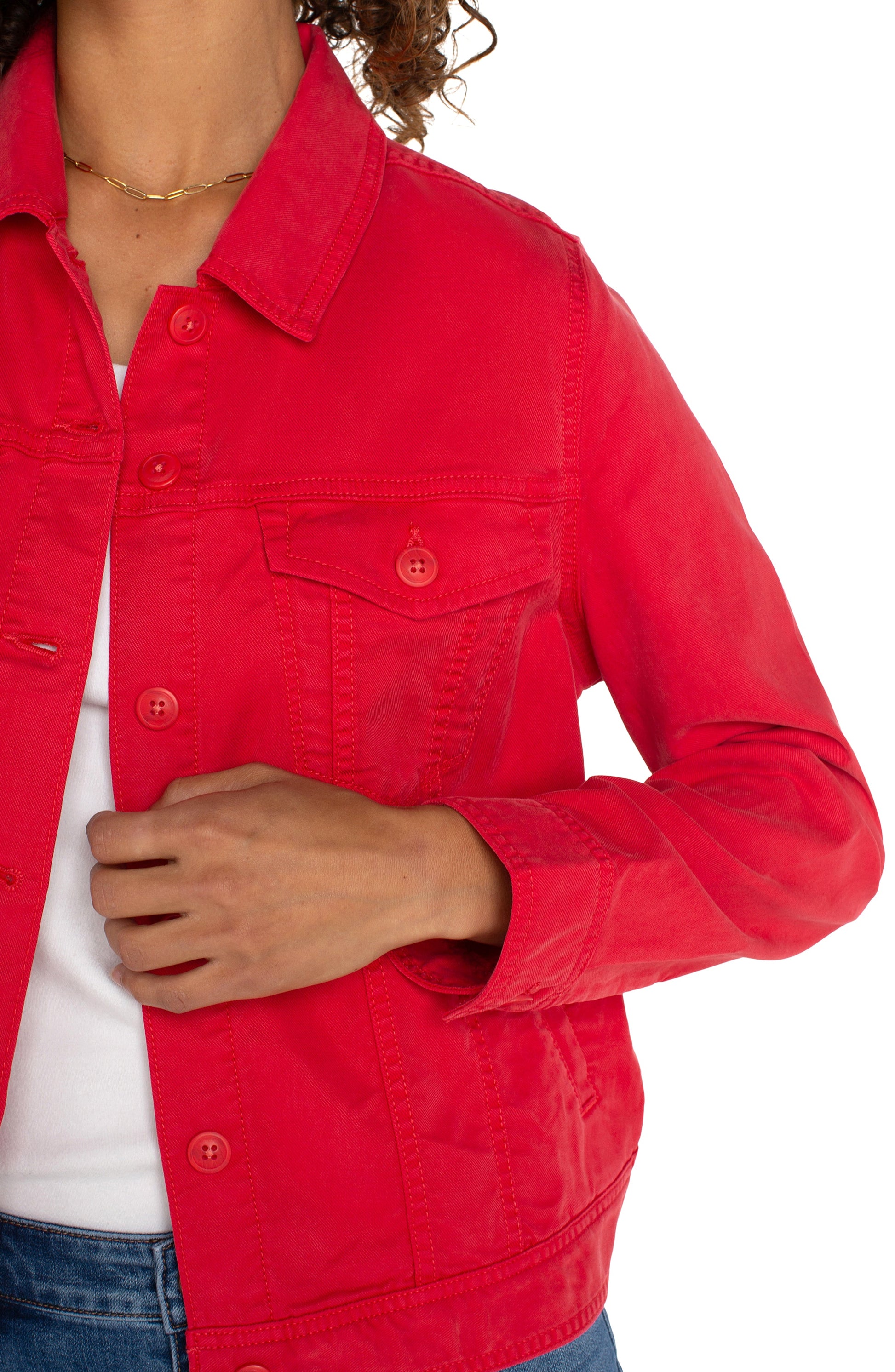 Liverpool Trucker Jacket with Shirred Back Front Left Shoulder Close Up