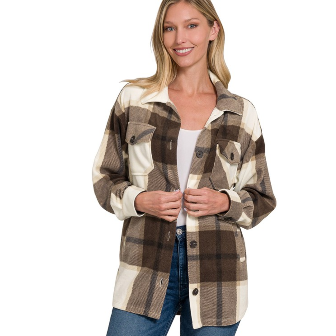 Oversized Plaid Fleece Shacket with Pockets