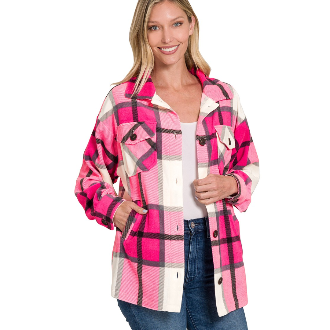 Oversized Plaid Fleece Shacket with Pockets