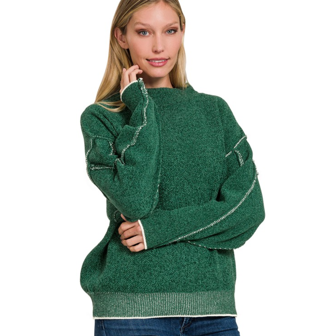 Oversized Mock Neck Raw Hem Chenille Sweater