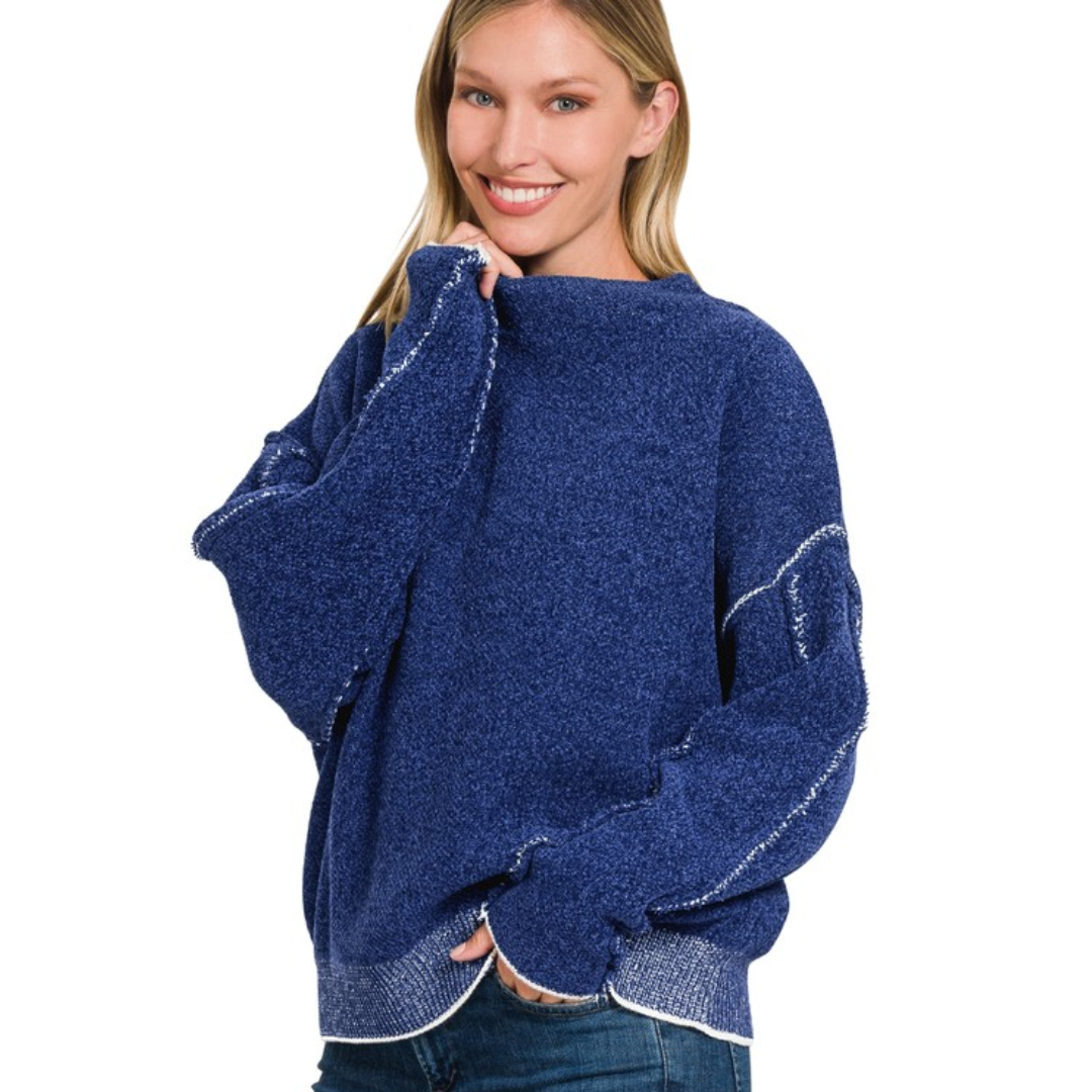 Oversized Mock Neck Raw Hem Chenille Sweater