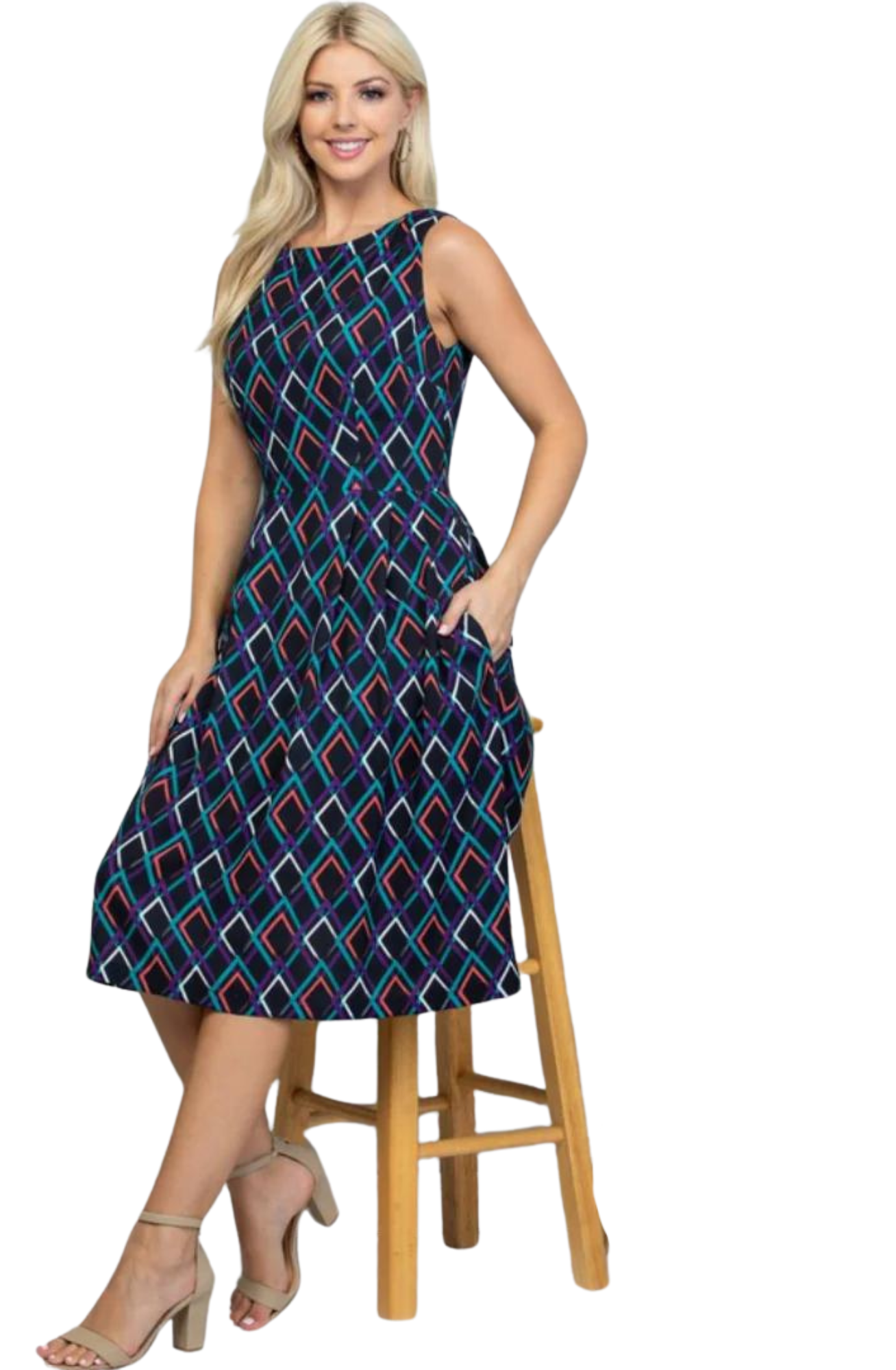 Mod Print Midi Length Dress with Pockets (black)