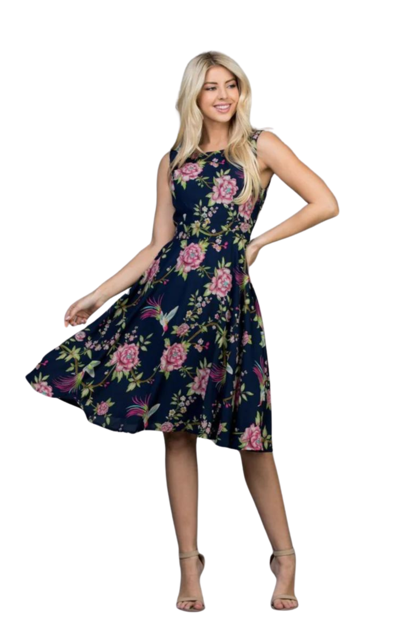 Floral with Peacock Print Midi Dress with Tie Back (Navy)